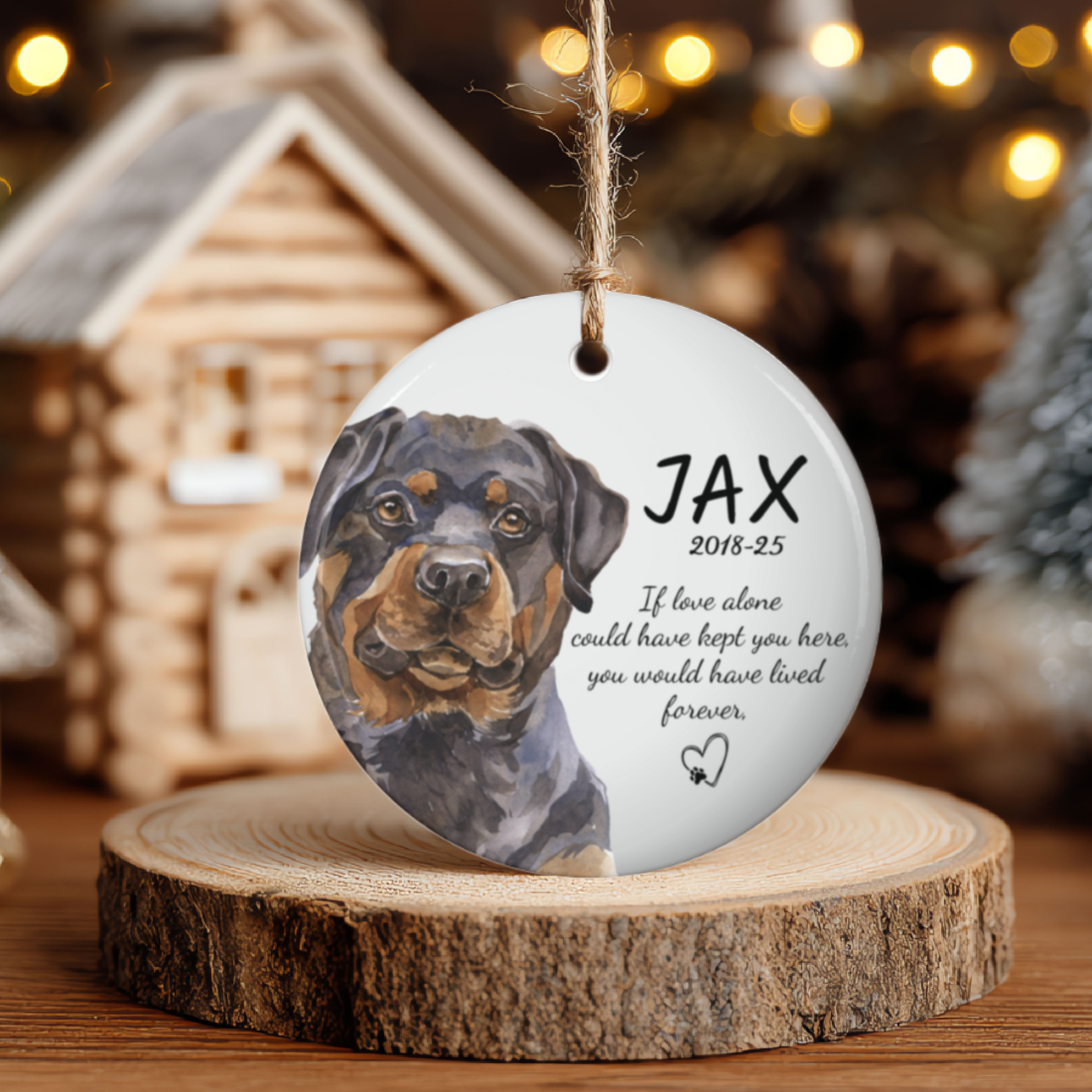 Personalized Ceramic Pet Memorial Ornament — Watercolor Dog Portrait with Name &amp; Years