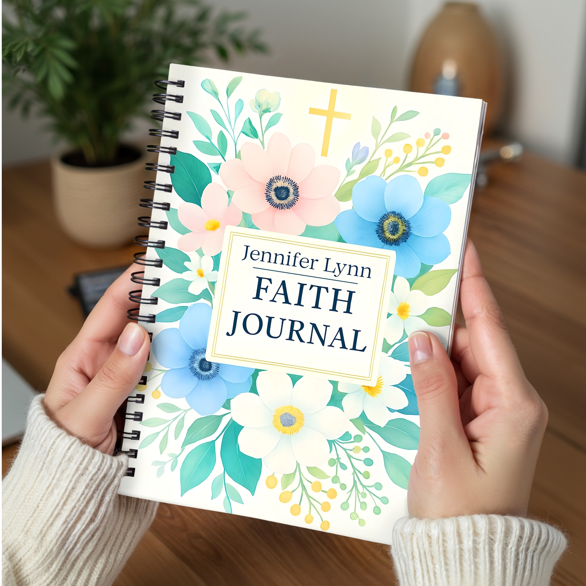 Faith Journal Spiral Notebook Personalized Christian Ruled Notebook with Floral Cross Design