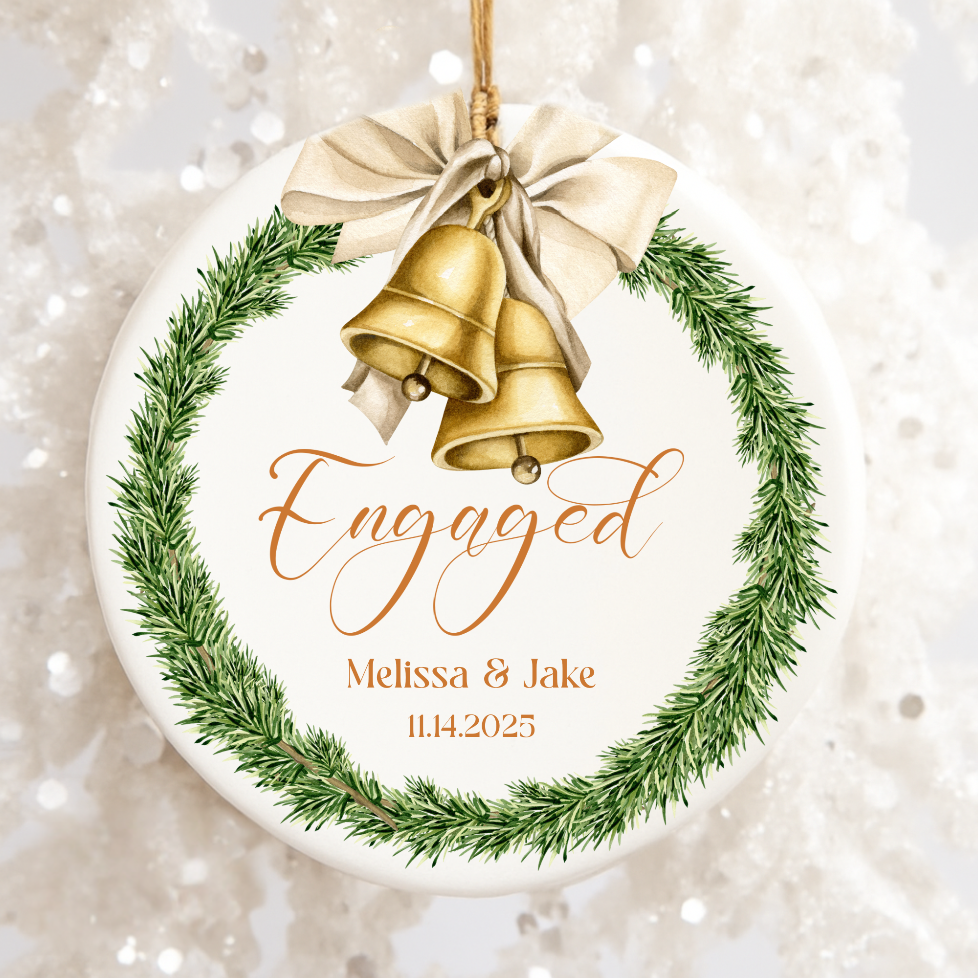 Engagement Keepsake Ornament — Personalized Ceramic Christmas Decoration with Wreath, Bells &amp; Names/Date
