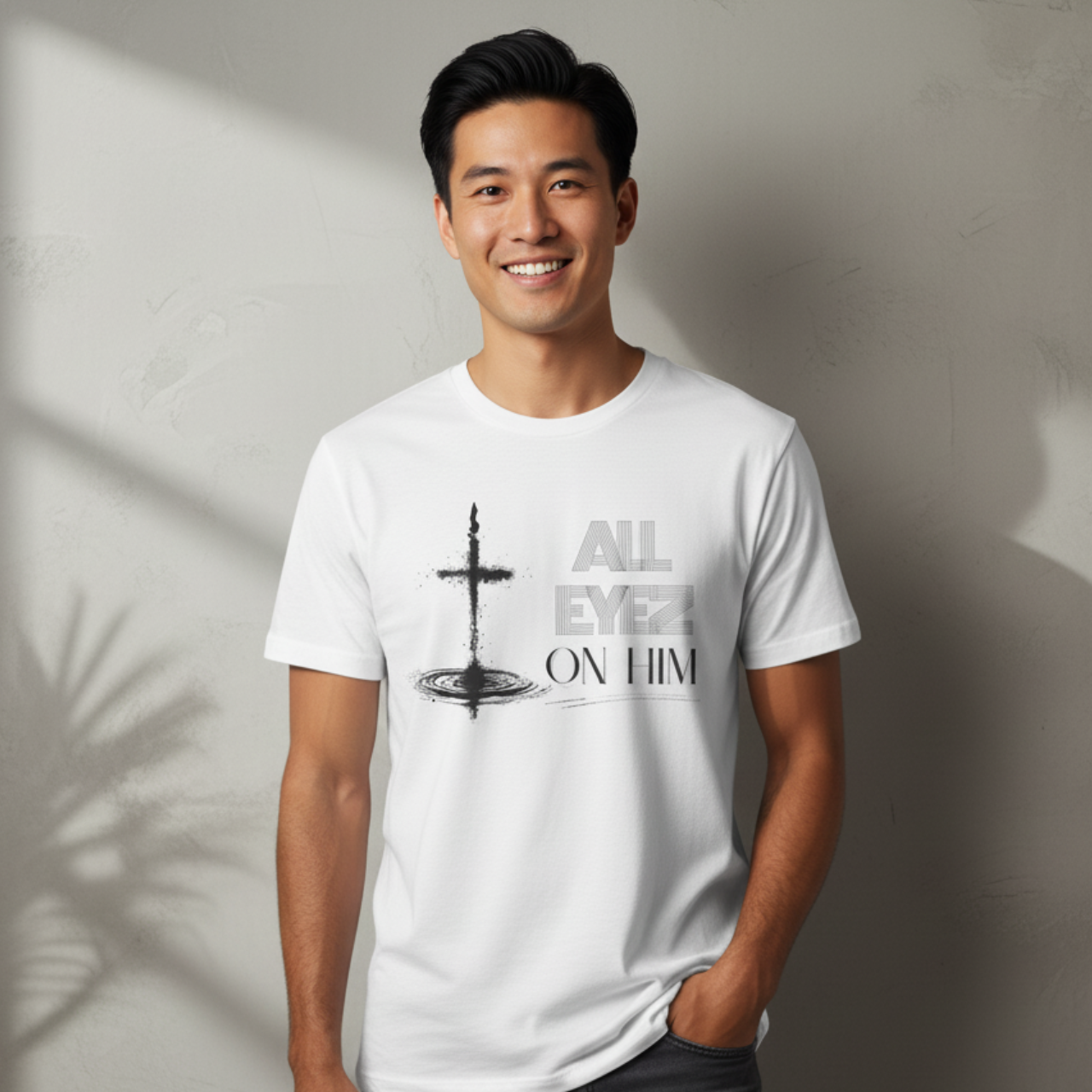 All Eyez On Him Christian T-Shirt — Minimalist Cross Graphic Faith Tee for Men & Women | Inspirational Bible Shirt product thumbnail image All Eyez On Him Christian T-Shirt — Minimalist Cross Graphic Faith Tee for Men & Women | Inspirational Bible Shirt product thumbnail image