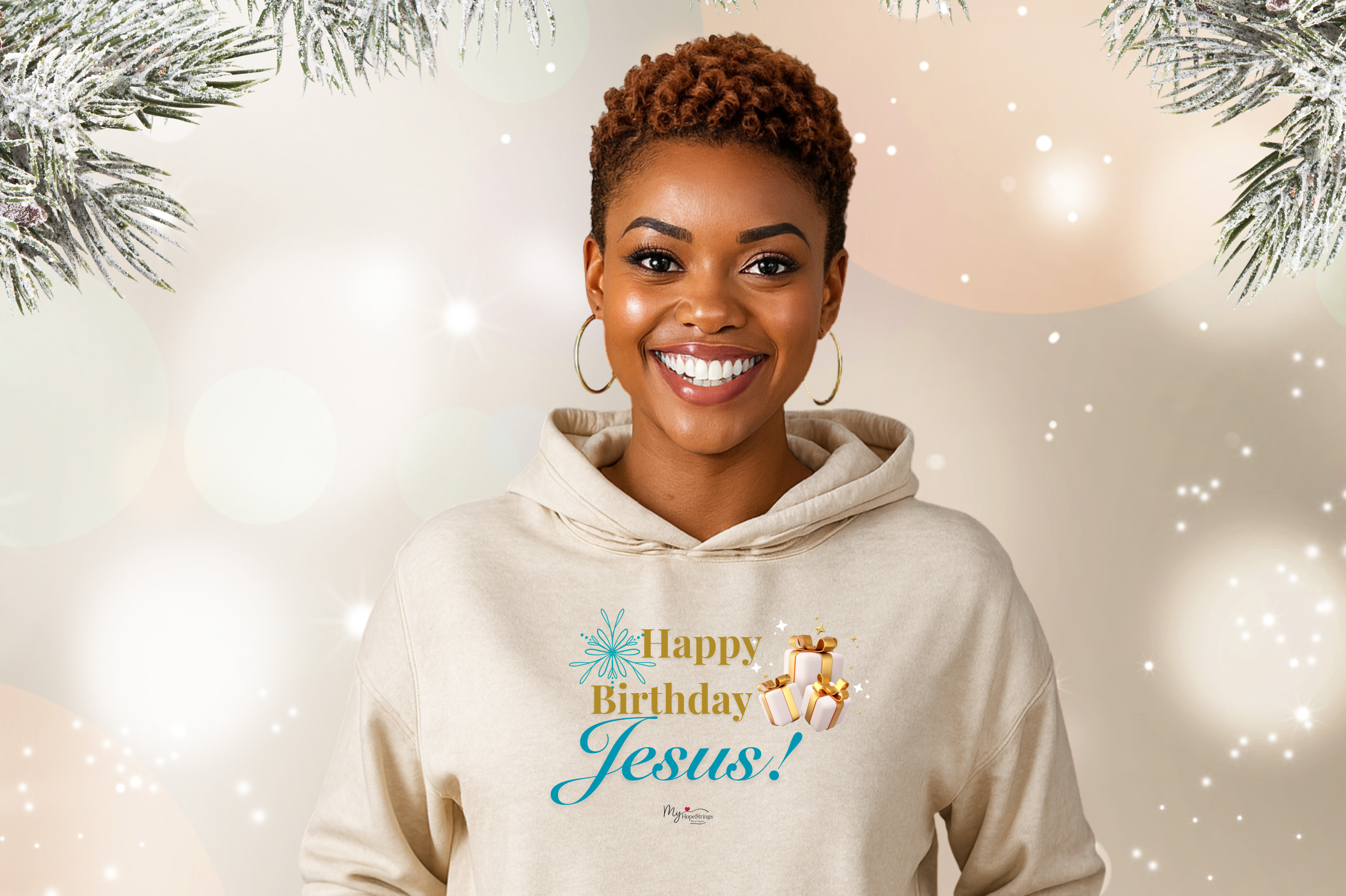 “Happy Birthday, Jesus” Christmas Unisex Hoodie – Gold &amp; Aqua Blue Faith Design