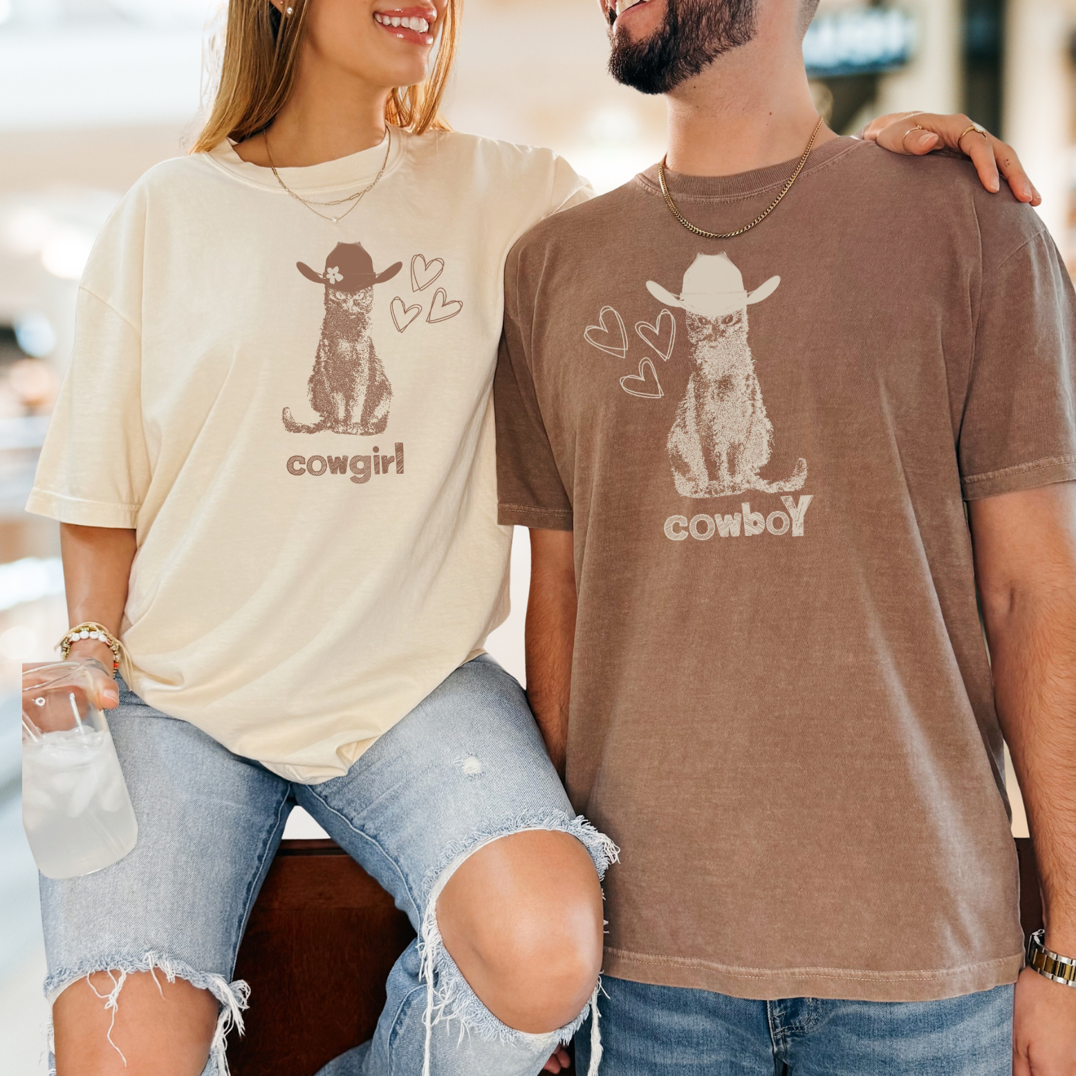 Cowgirl Cat Valentine Couples Tee, T-Shirt | Cute Heart Western Illustration