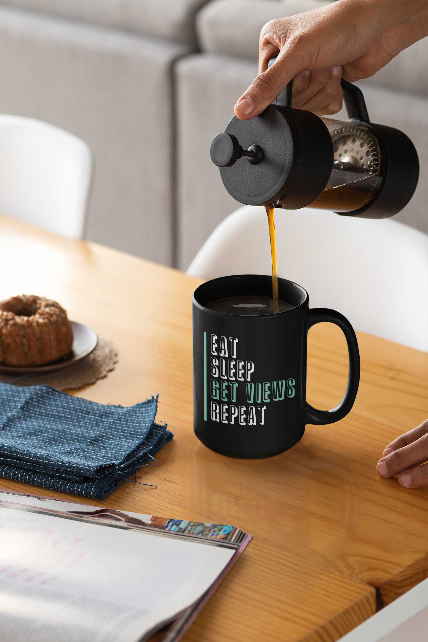 Eat Sleep Get Views Repeat Black Mug, 15oz product thumbnail image Eat Sleep Get Views Repeat Black Mug, 15oz product thumbnail image
