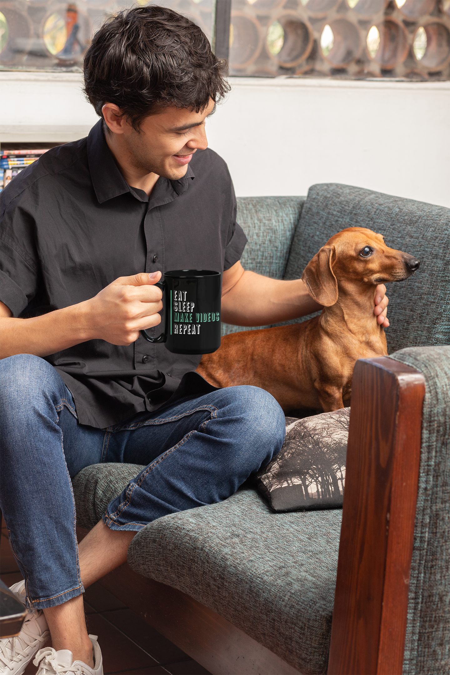 Eat Sleep Make Videos Repeat Black Mug, 15oz product thumbnail image