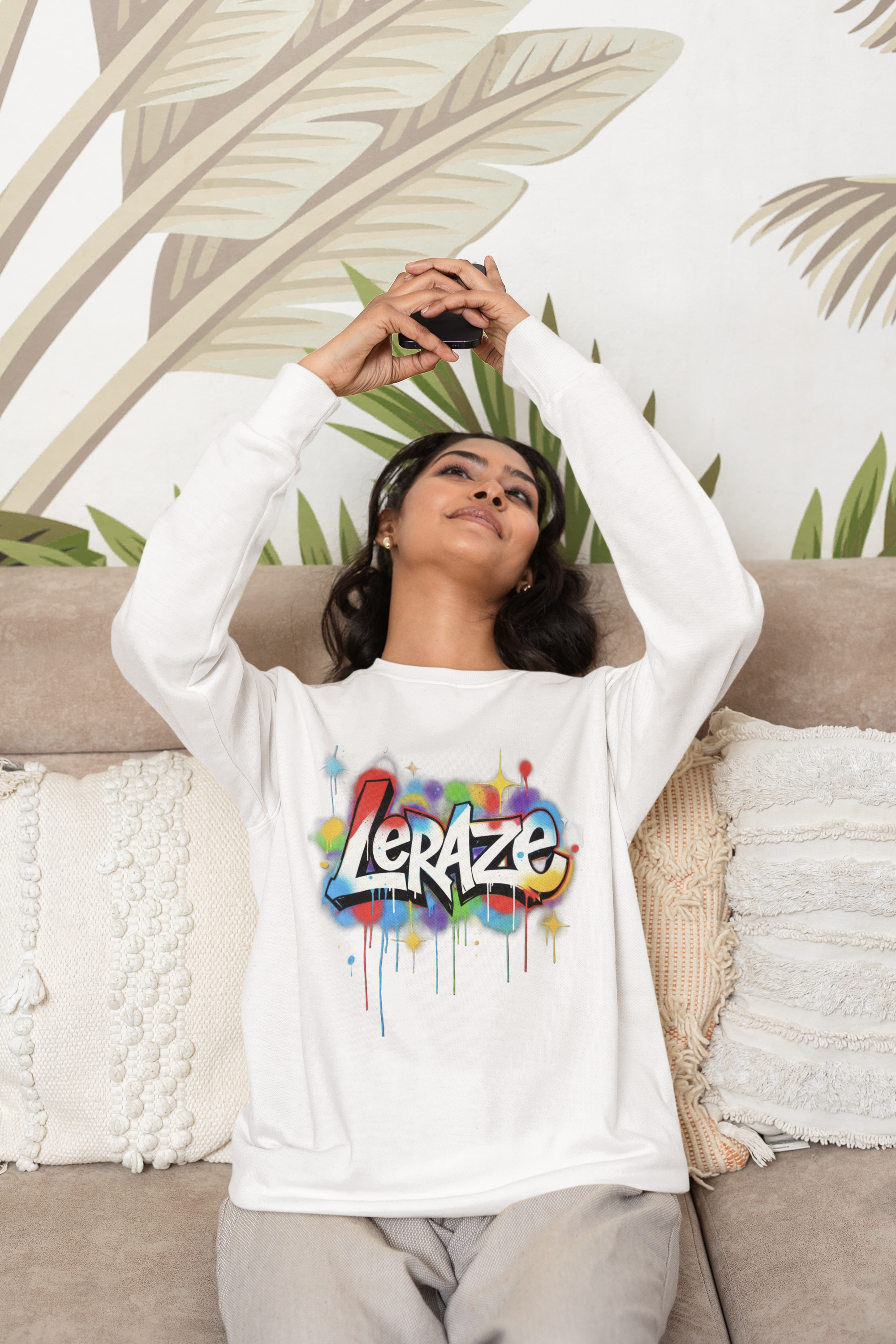 Graffiti 'Leraze' Crewneck Sweatshirt — Colorful Street Art Pullover product thumbnail image Graffiti 'Leraze' Crewneck Sweatshirt — Colorful Street Art Pullover product thumbnail image