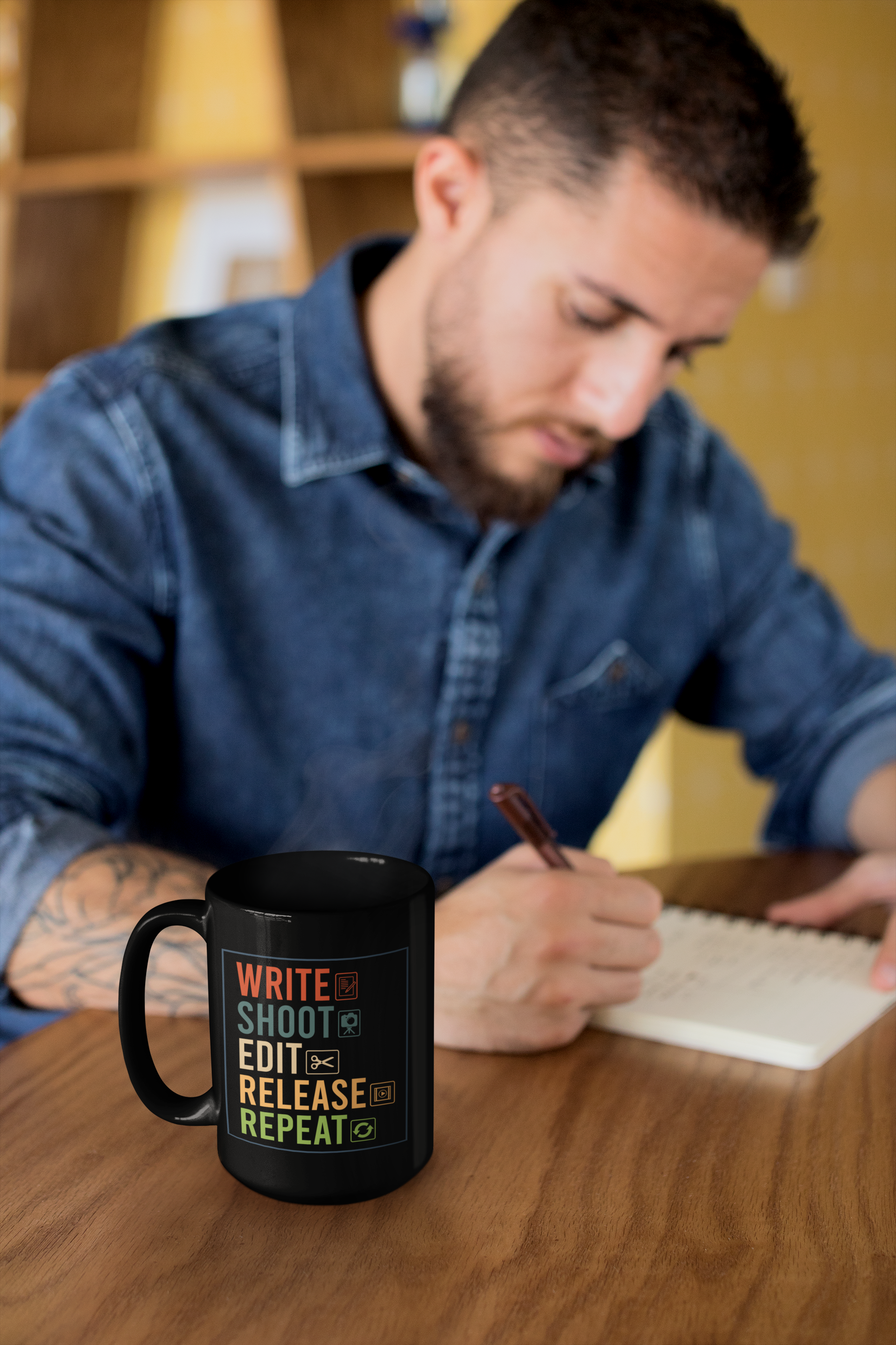 Write Shoot Edit Release Repeat Black Mug, 15oz product thumbnail image