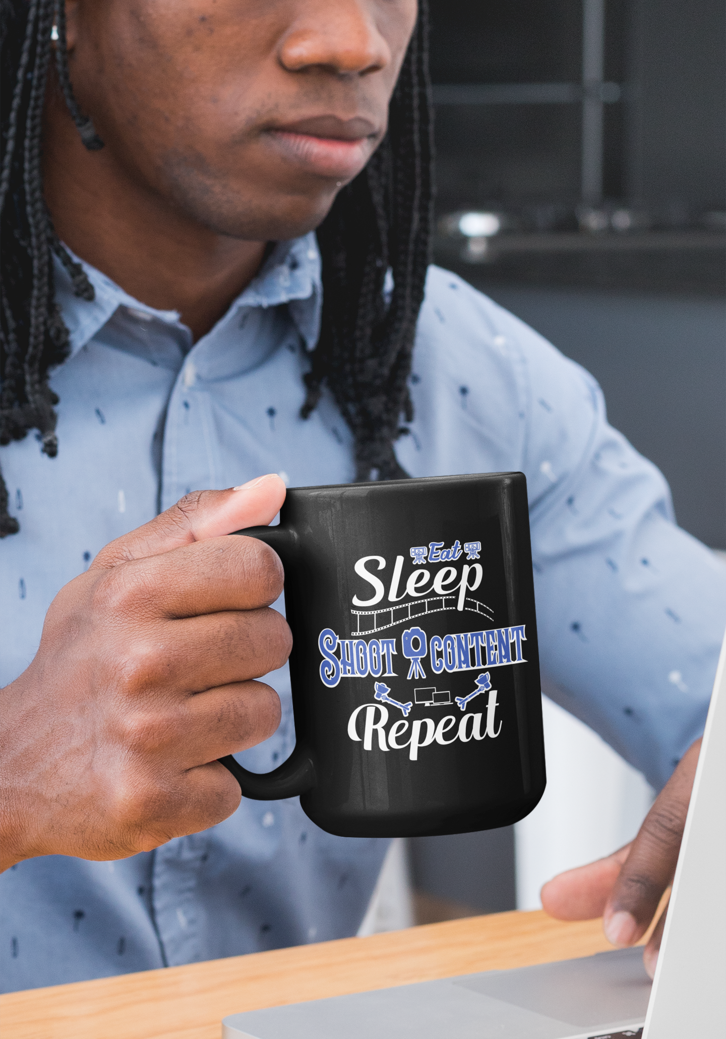 Eat Sleep Shoot Content Repeat Black Mug, 15oz product thumbnail image