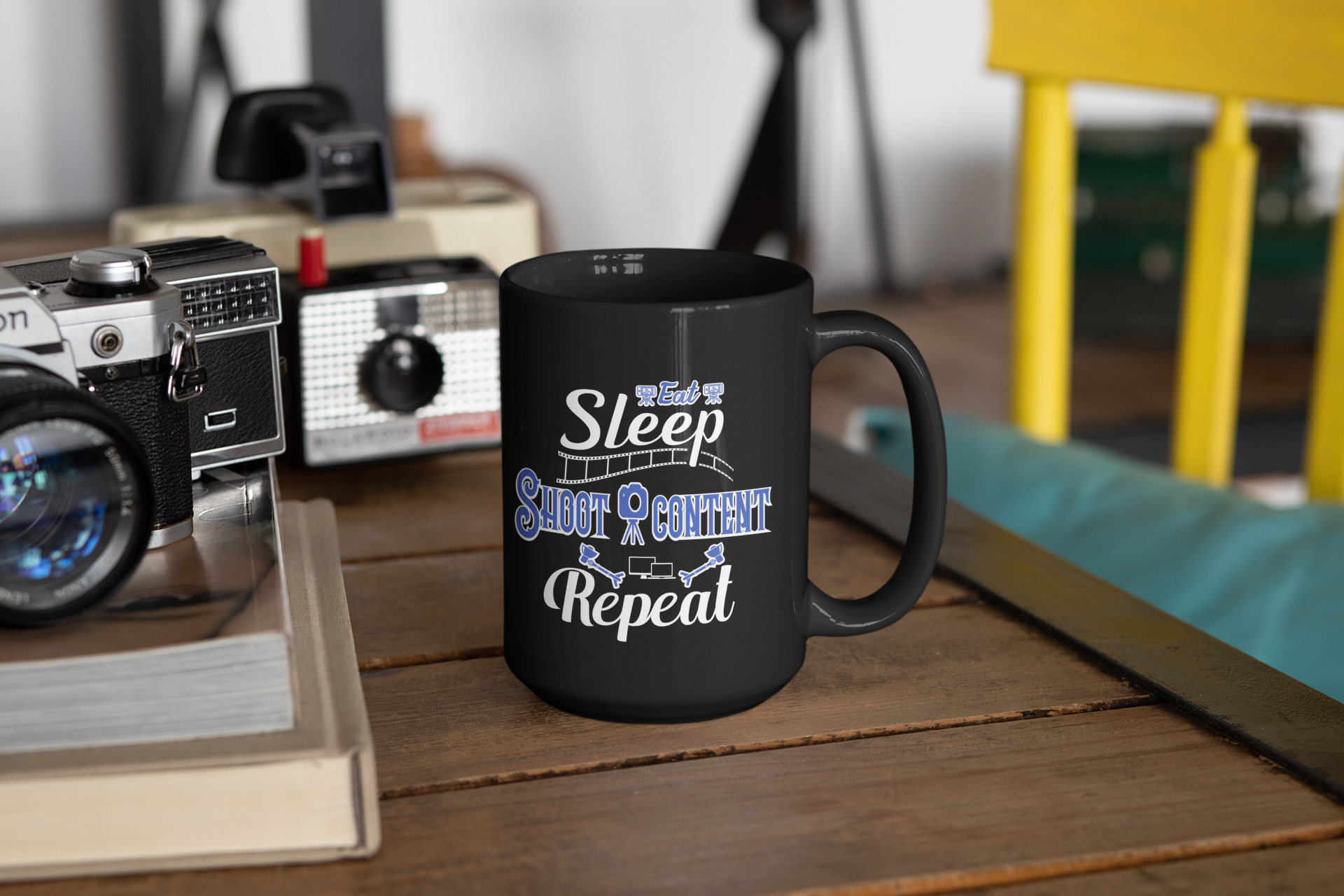 Eat Sleep Shoot Content Repeat Black Mug, 15oz product thumbnail image