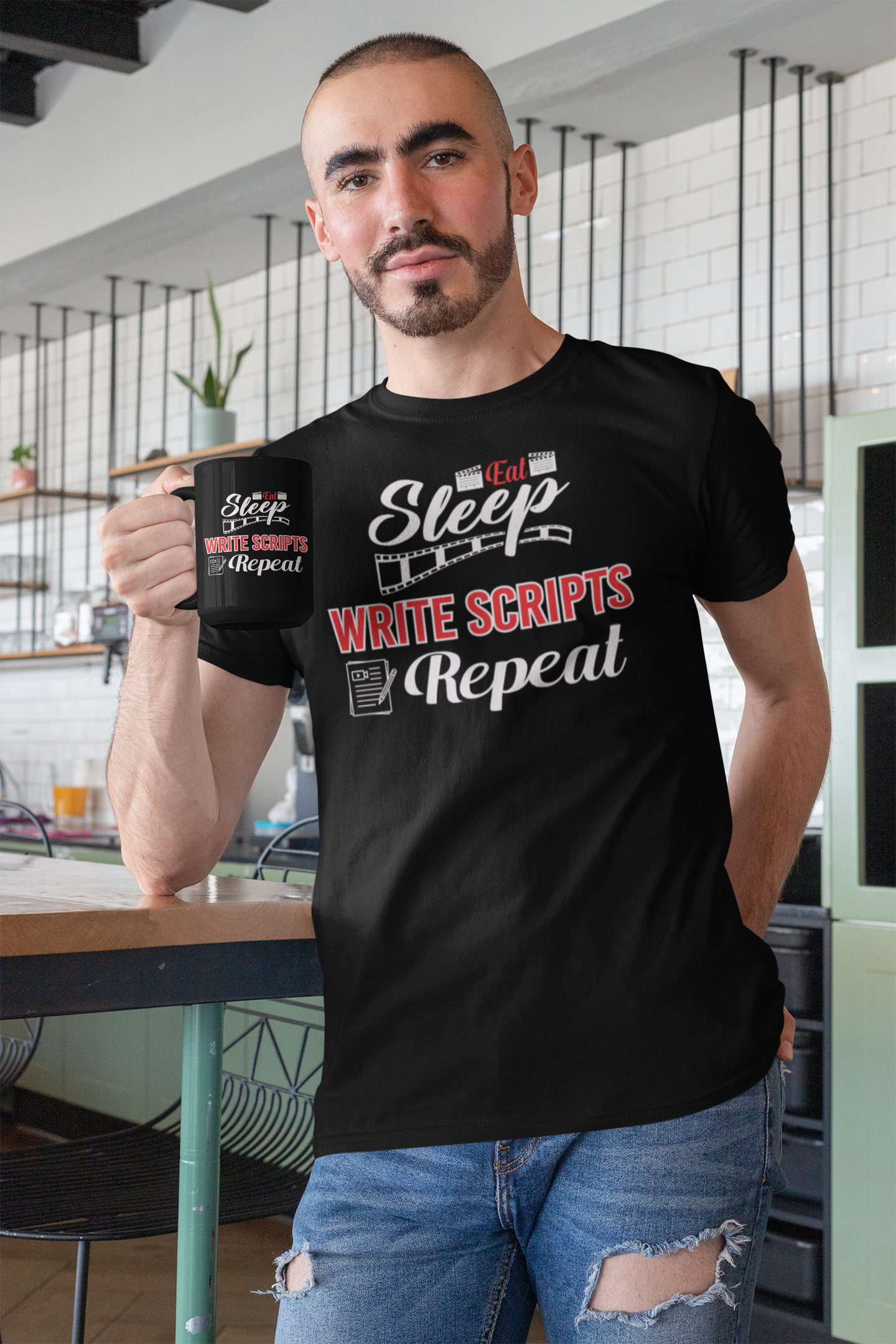 Eat Sleep Write Scripts Repeat Black Mug, 15oz product thumbnail image