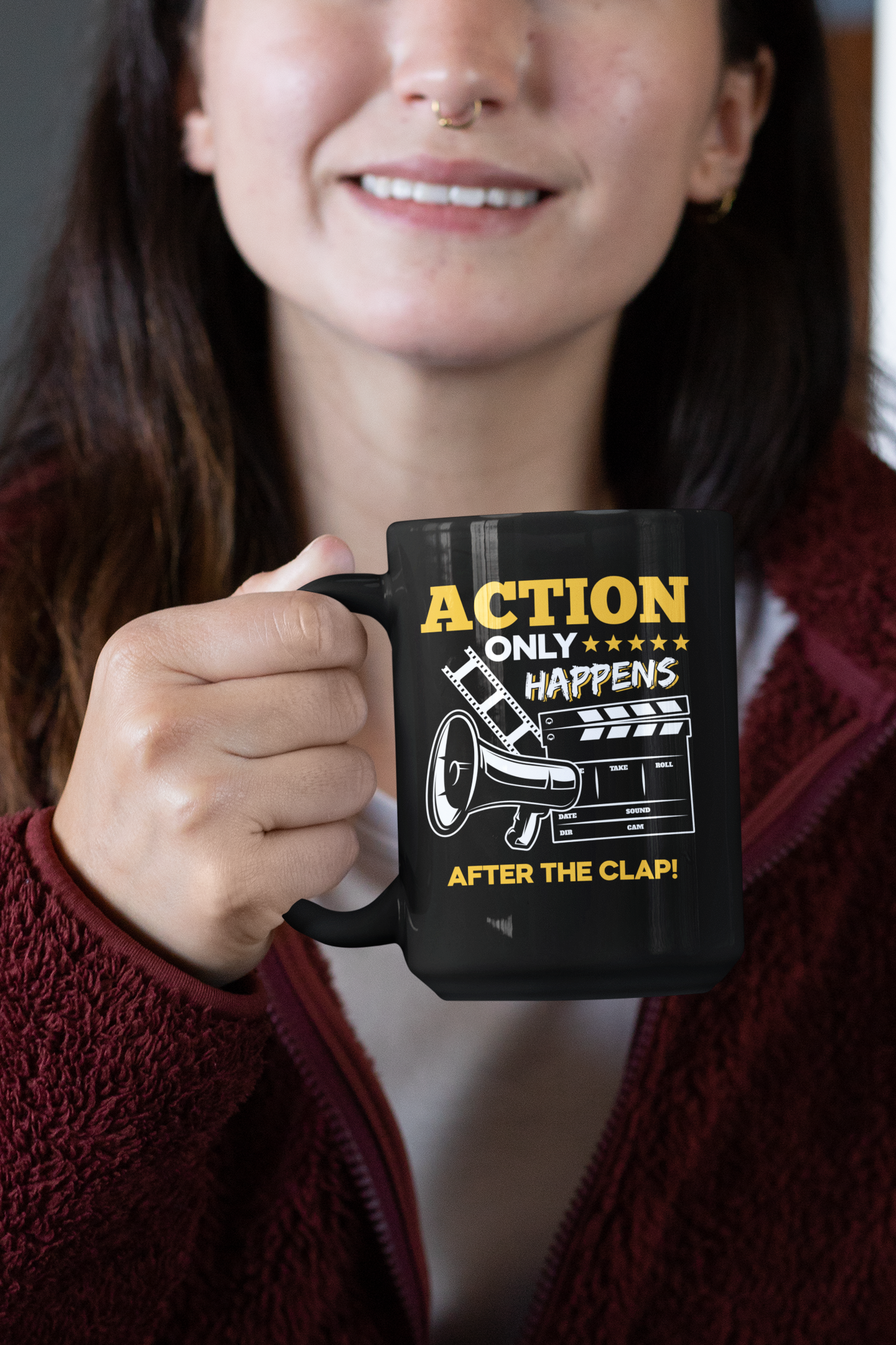 Action Only Happens After the Clap Black Mug, 15oz product thumbnail image