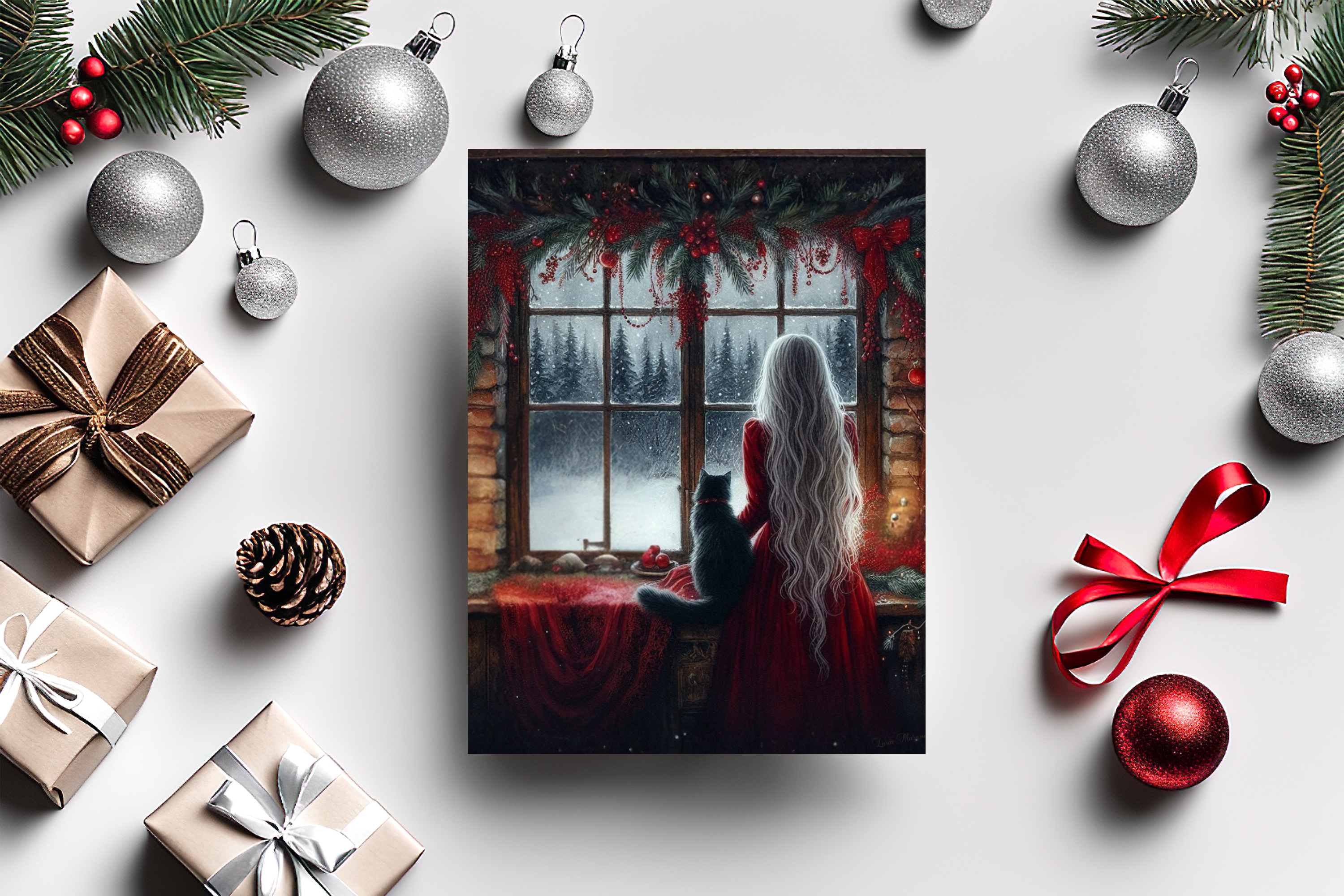 (U.S.) Holiday Window Greeting Cards — Woman &amp; Cat by Frosty Window (8/16/24 pcs) product thumbnail image