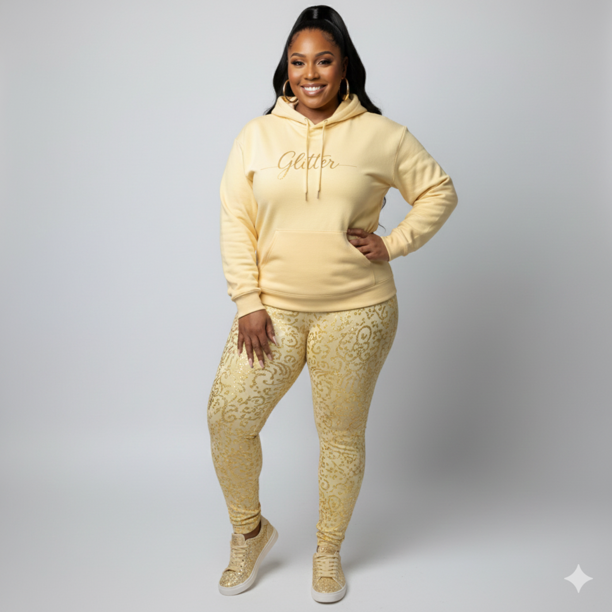 Glitter Script Hoodie — White Gold Foil Cozy Pullover