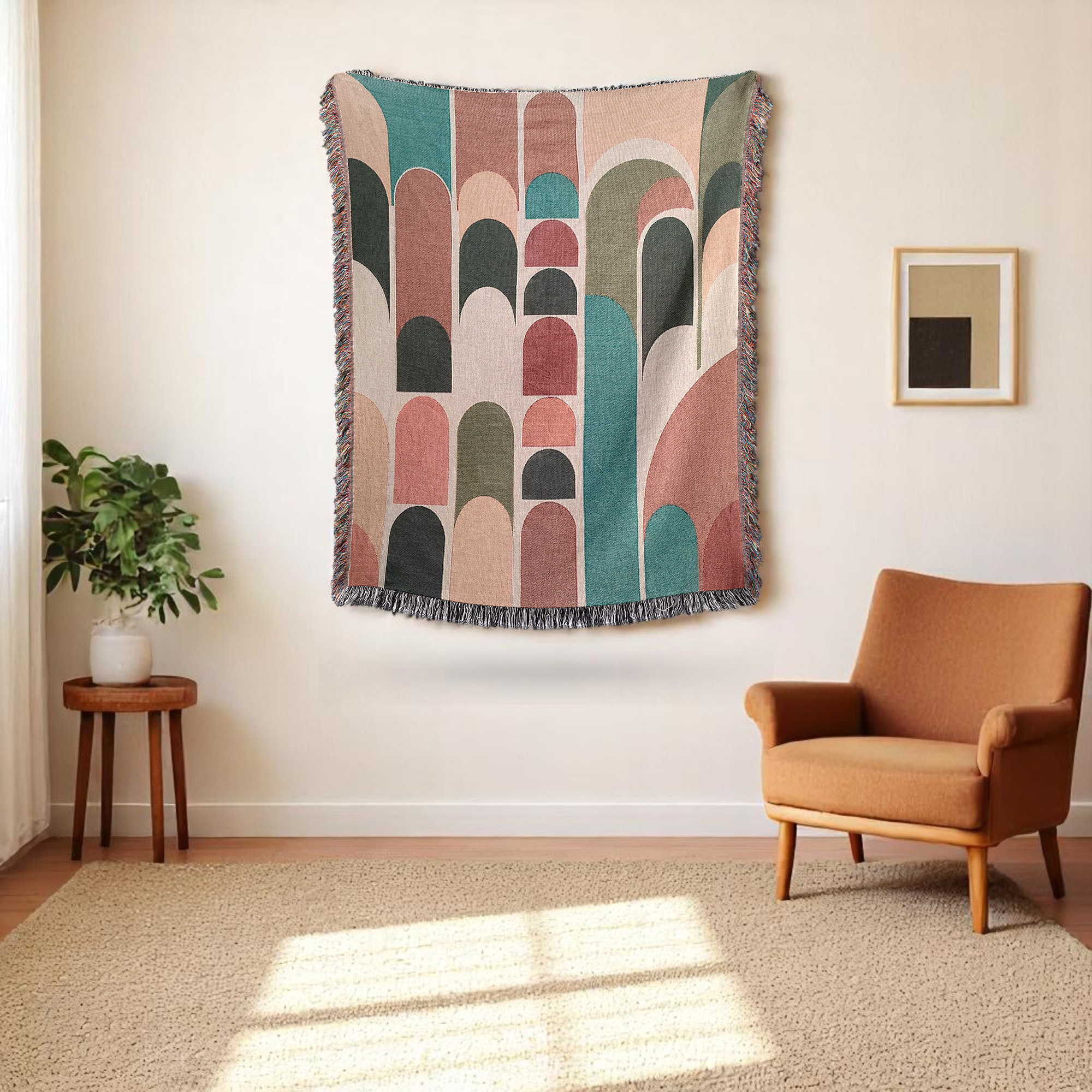 Mid Century Modern Woven Throw Blanket, Abstract Geometric Cotton Tapestry, Boho Home Decor Sofa Accent, Gift for Art &amp; Design Lovers product thumbnail image