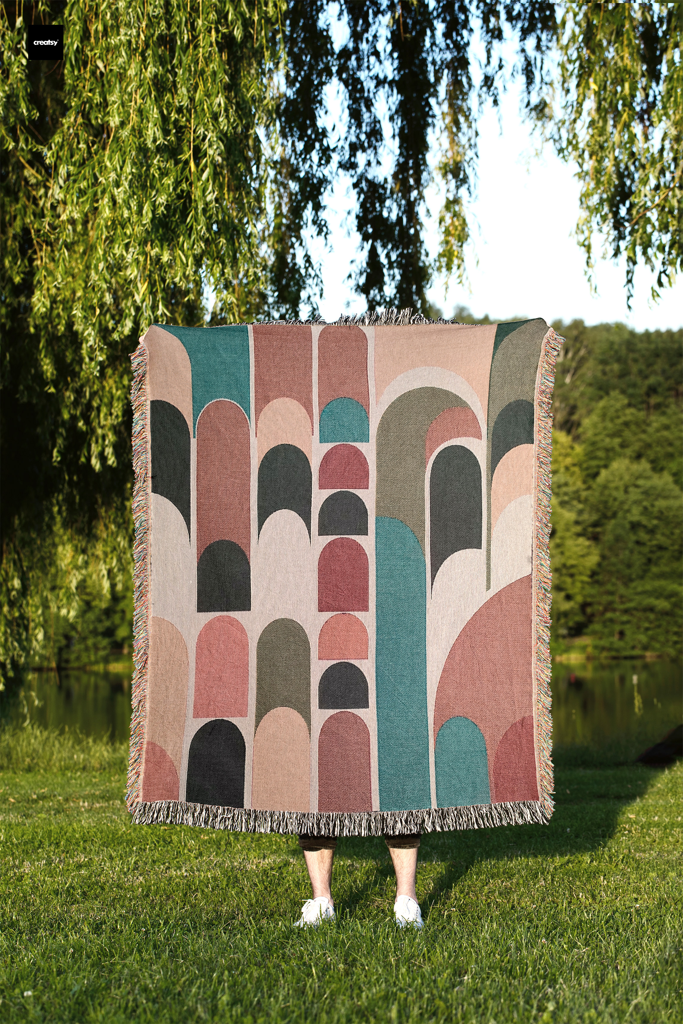 Mid Century Modern Woven Throw Blanket, Abstract Geometric Cotton Tapestry, Boho Home Decor Sofa Accent, Gift for Art &amp; Design Lovers product thumbnail image