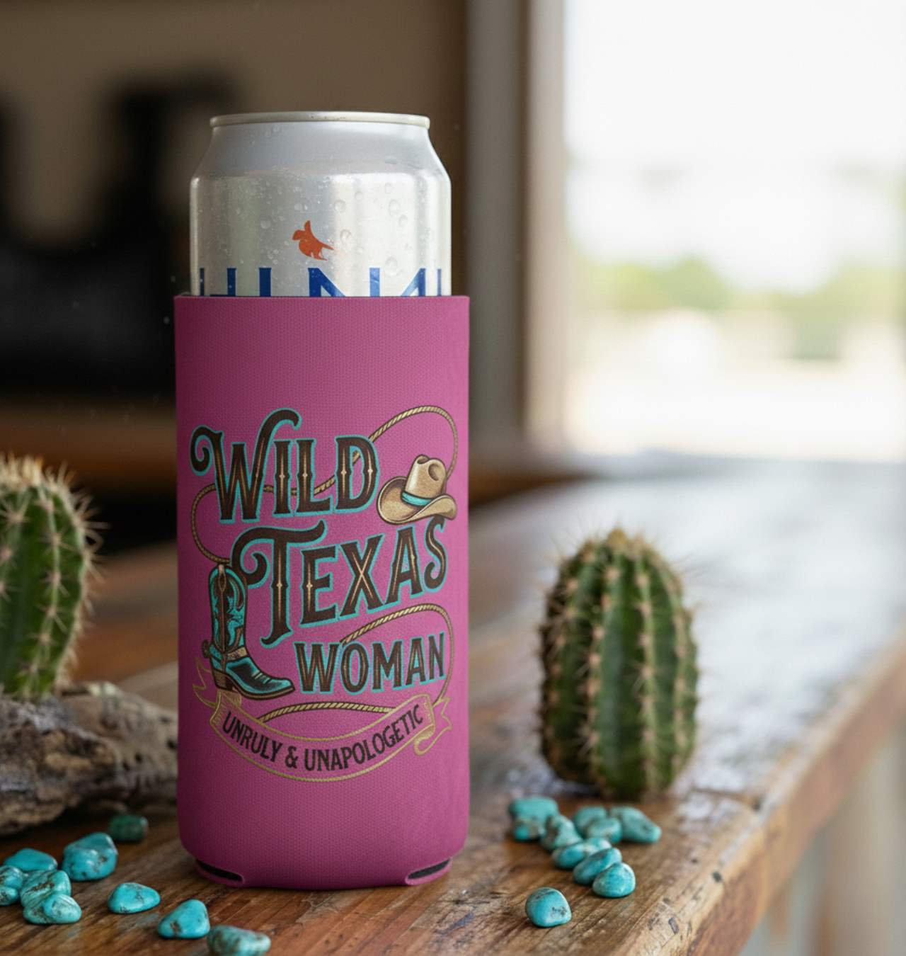 "Wild Texas Woman" Pink Can Koozie (Unruly &amp; Unapologetic) - Slim Can Cooler - 