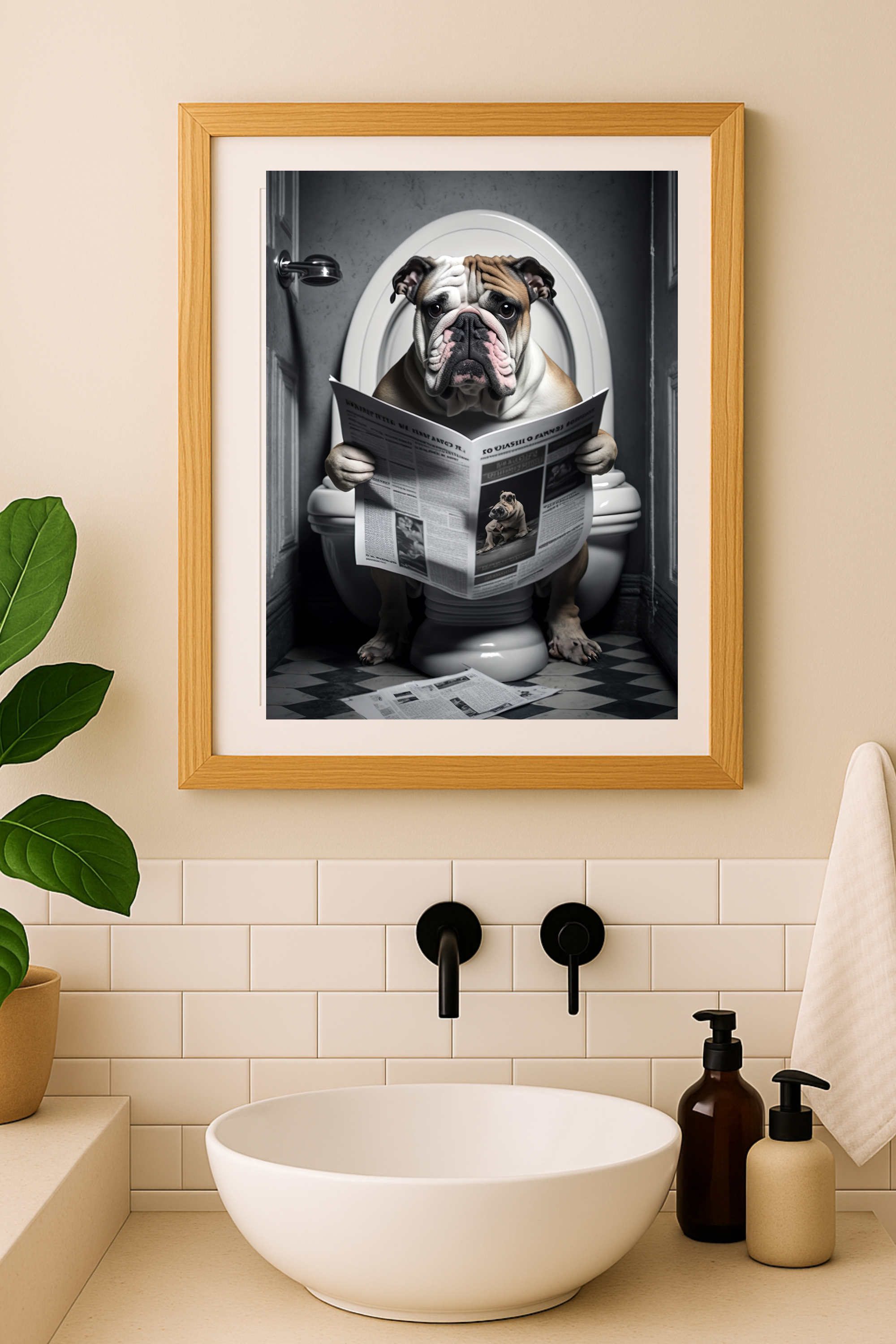 Bulldog Reading Newspaper Matte Vertical Poster — Funny Dog Wall Art product thumbnail image