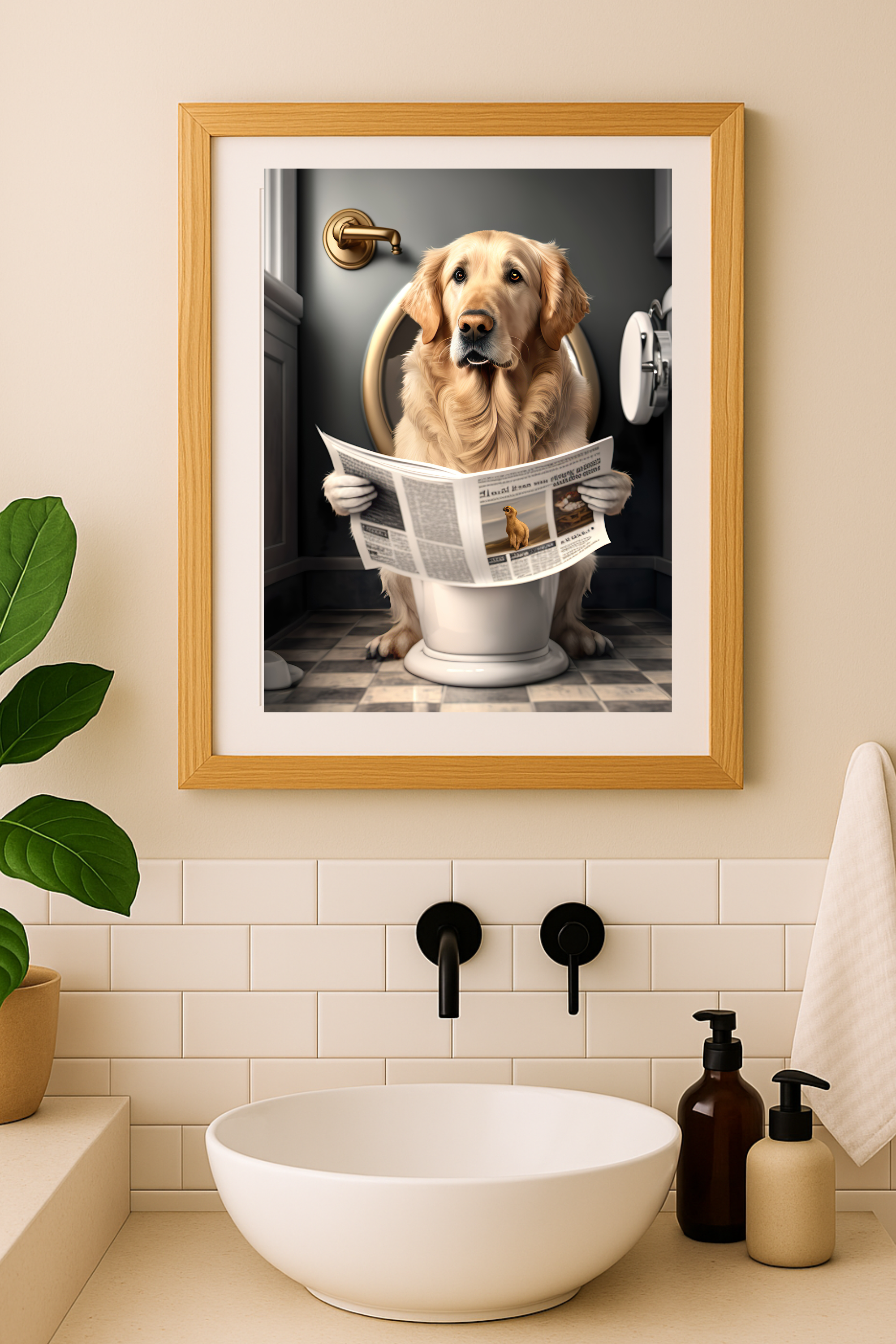 Golden Retriever Funny Bathroom Poster — Dog Reading Newspaper Matte Vertical Print product thumbnail image Golden Retriever Funny Bathroom Poster — Dog Reading Newspaper Matte Vertical Print product thumbnail image