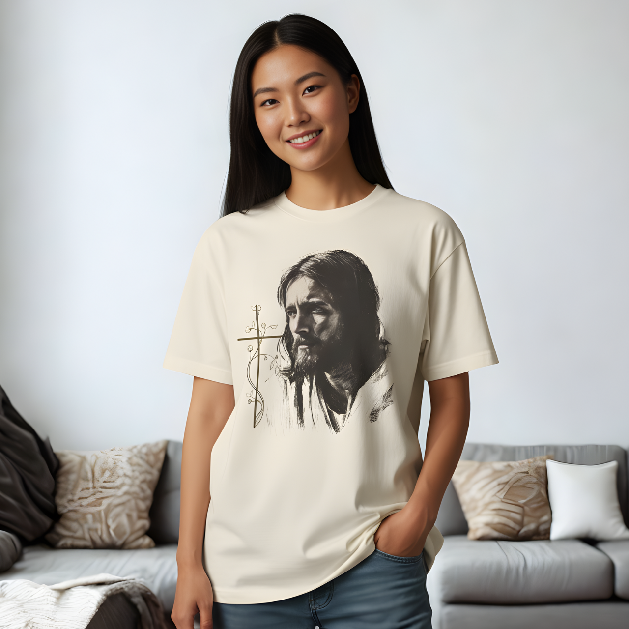 Jesus Portrait T-Shirt – Watercolor Cross Christian Tee, Faith Sketch Shirt for Men &amp; Women product thumbnail image