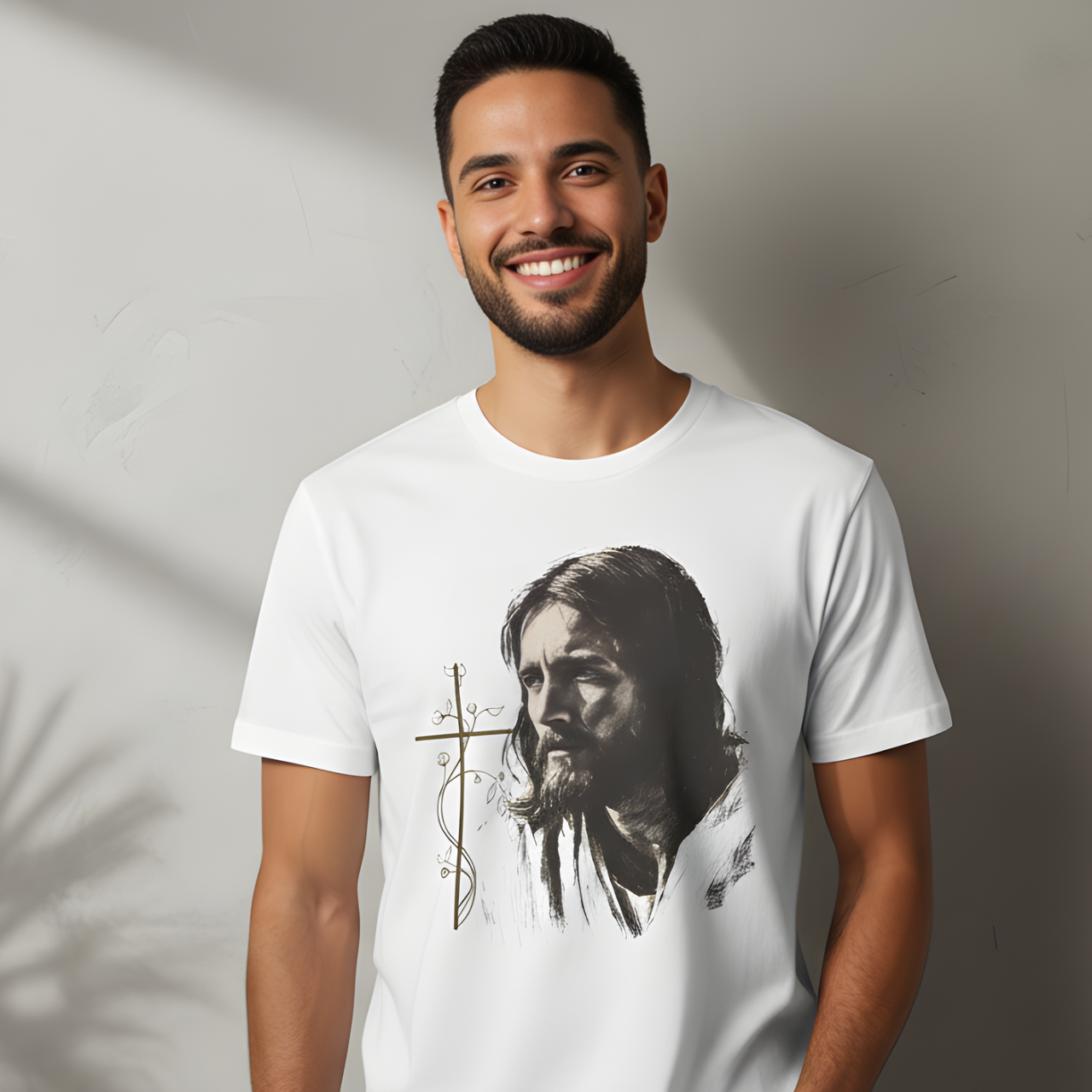 Jesus Portrait T-Shirt – Watercolor Cross Christian Tee, Faith Sketch Shirt for Men &amp; Women product thumbnail image