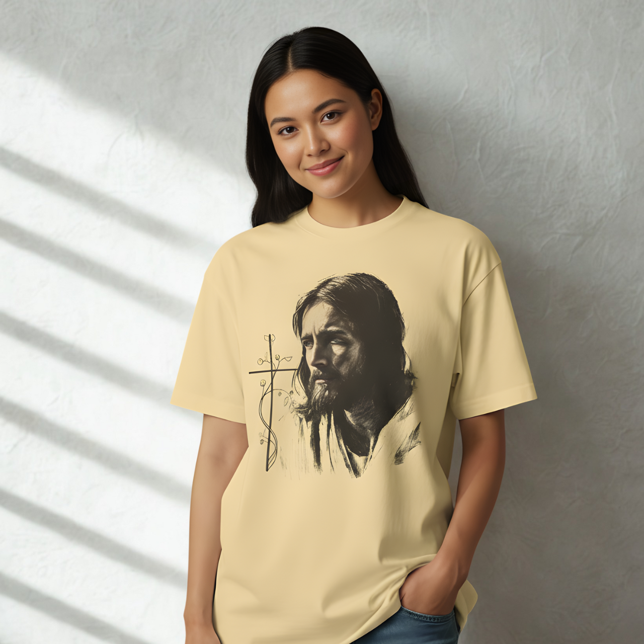 Jesus Portrait T-Shirt – Watercolor Cross Christian Tee, Faith Sketch Shirt for Men &amp; Women product thumbnail image