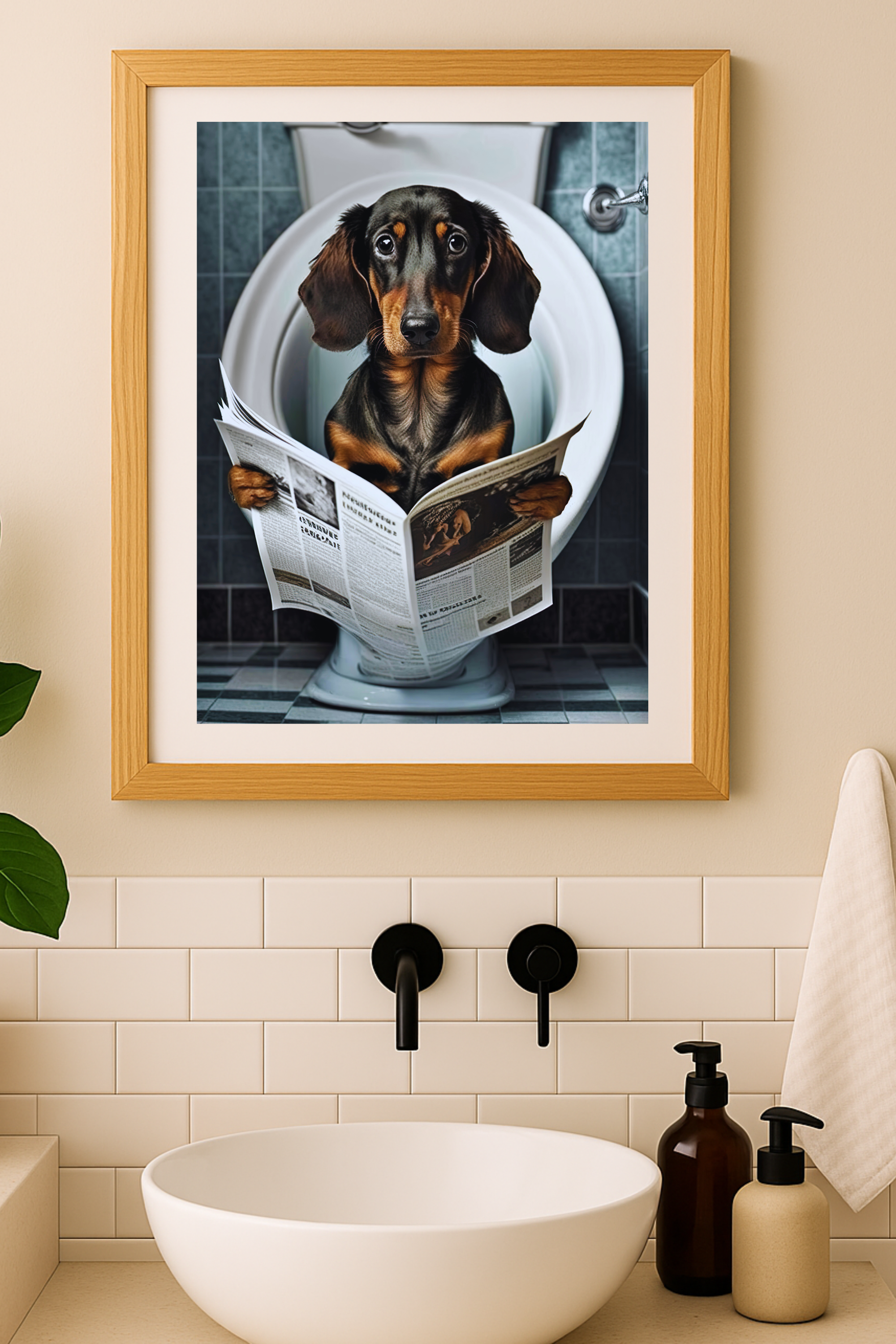 Dachshund Reading Newspaper Poster — Funny Dog Bathroom Wall Art Dachshund Reading Newspaper Poster — Funny Dog Bathroom Wall Art