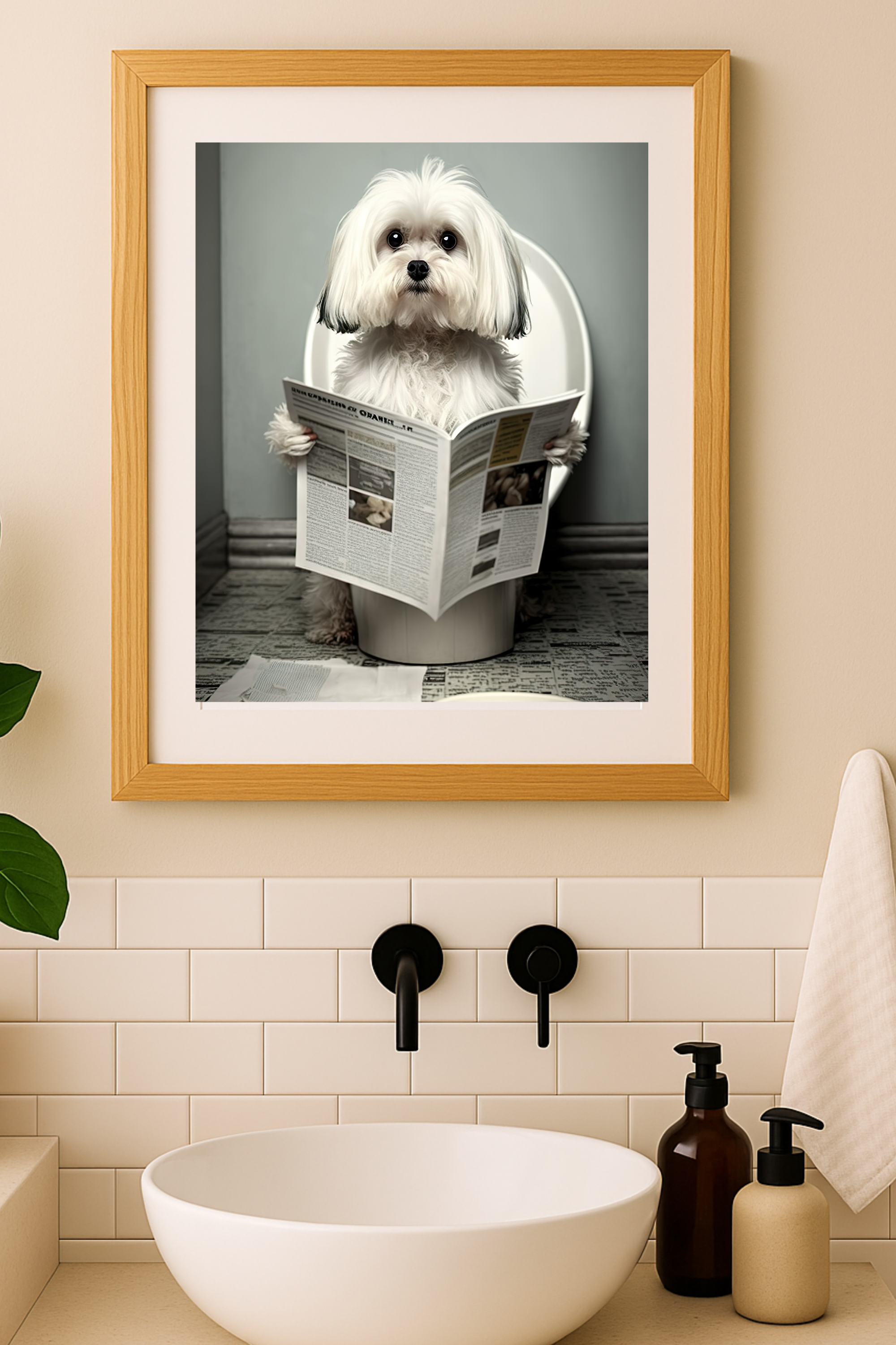 Cute Maltese Dog Poster – Funny Puppy Reading Newspaper Matte Vertical Art Print product thumbnail image