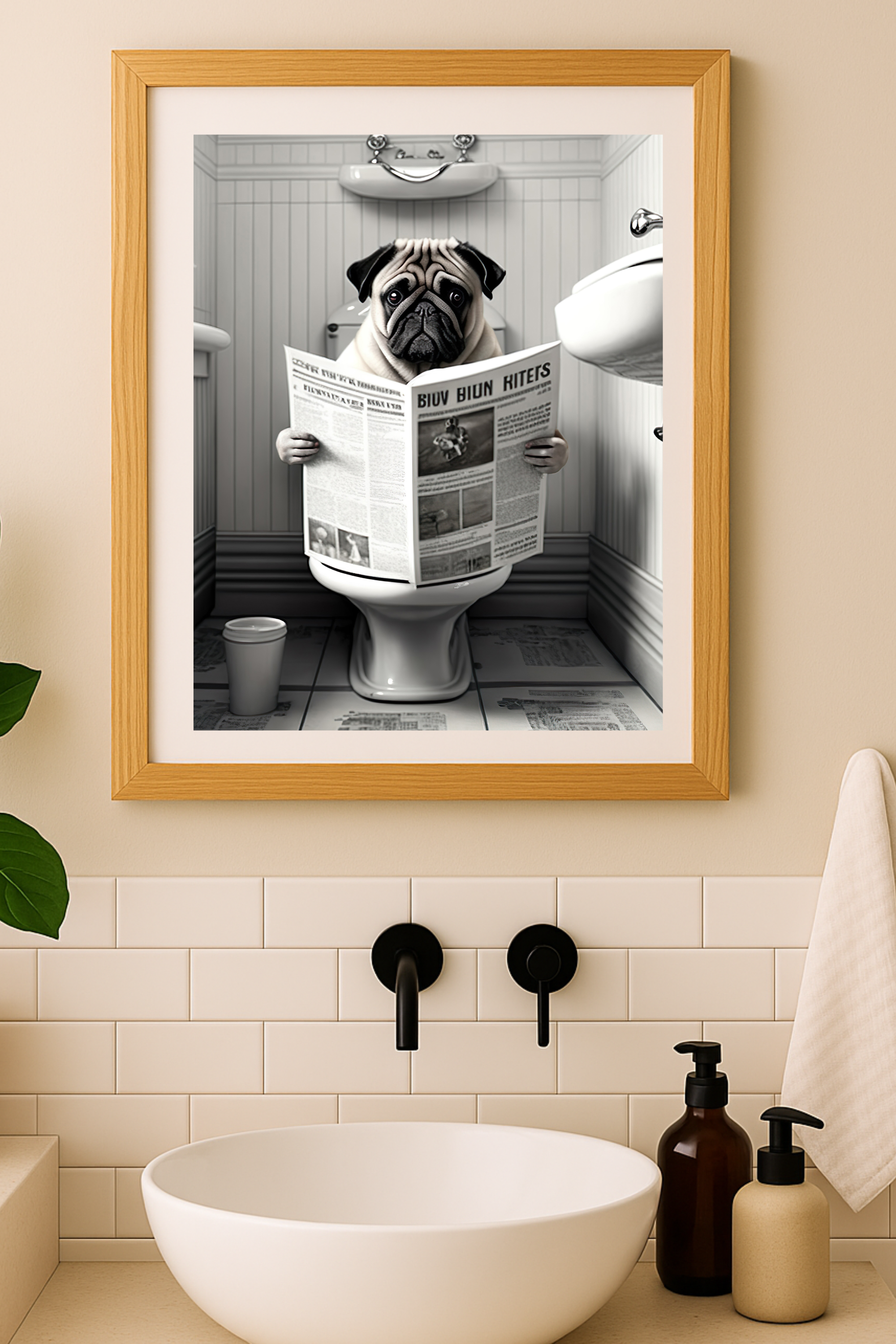 Pug Reading Newspaper Poster — Funny Bathroom Wall Art Matte Vertical Print Pug Reading Newspaper Poster — Funny Bathroom Wall Art Matte Vertical Print