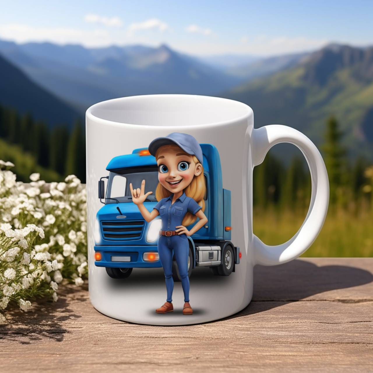 Blond-Haired Female Trucker with ASL “I Love You” Sign, Blue Semi Truck Ceramic Mug - American Sign Language 'I Love You' Trucker Coffee Cup (11oz, 15oz) product thumbnail image