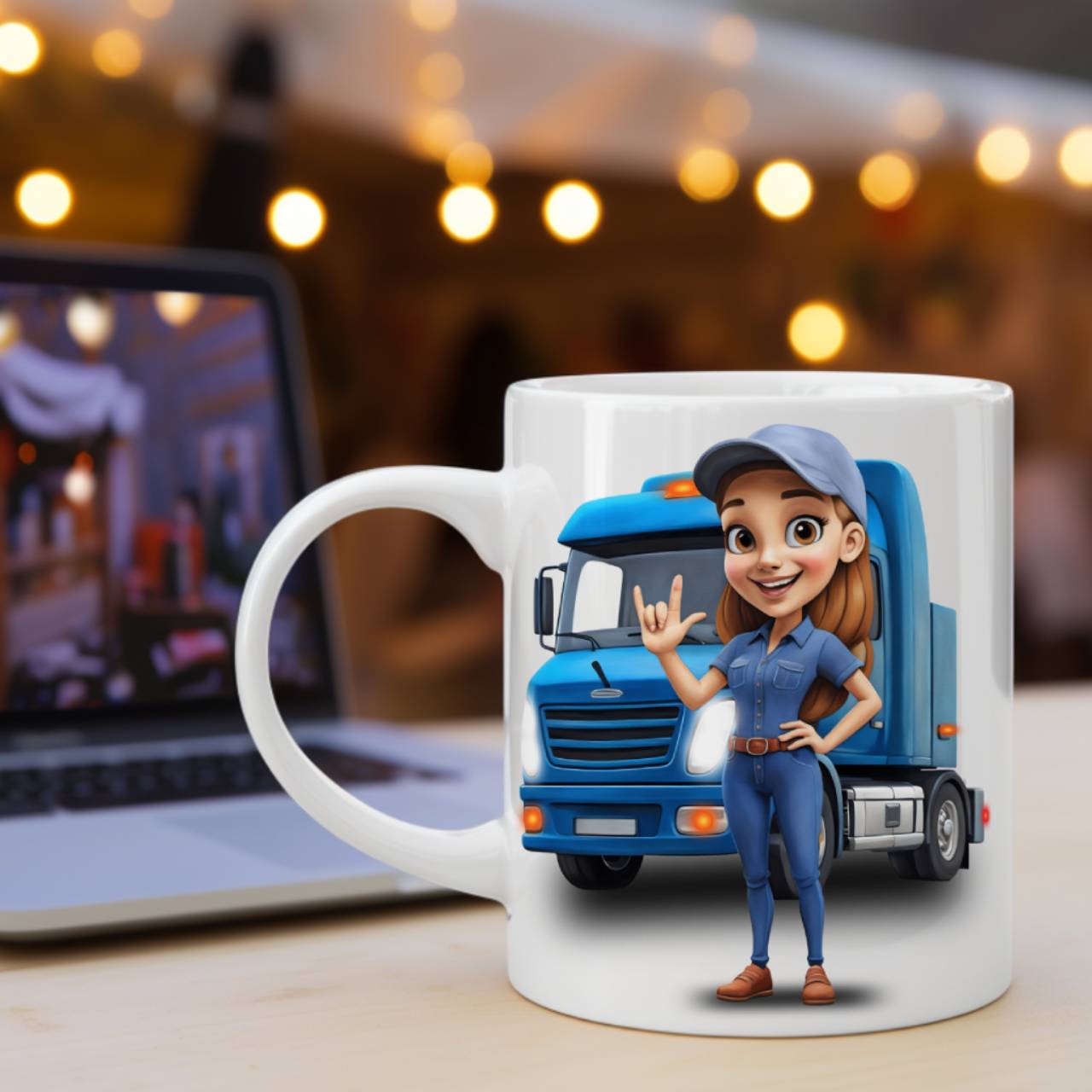 Brown-Haired Female Trucker with ASL “I Love You” Sign, Blue Semi Truck Ceramic Mug - American Sign Language 'I Love You' Trucker Coffee Cup (11oz, 15oz) product thumbnail image Brown-Haired Female Trucker with ASL “I Love You” Sign, Blue Semi Truck Ceramic Mug - American Sign Language 'I Love You' Trucker Coffee Cup (11oz, 15oz) product thumbnail image