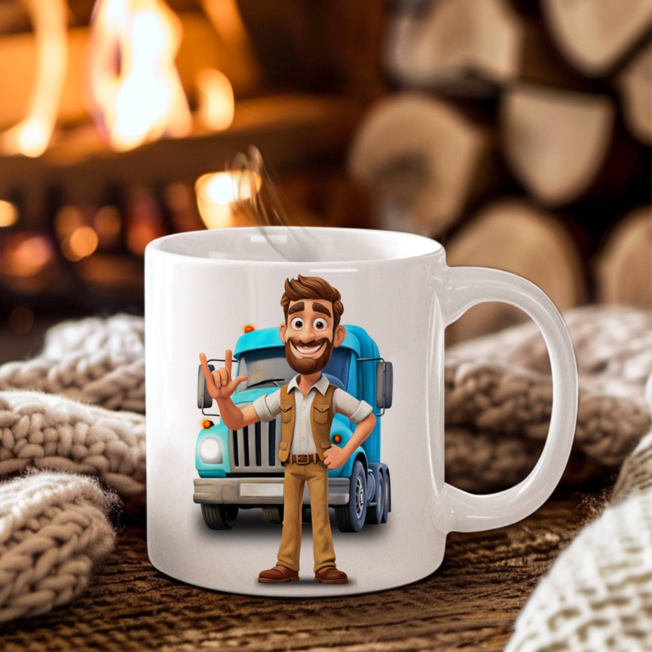 ASL ILY Male Trucker, Blue Semi Truck Ceramic Mug - American Sign Language 'I Love You' Trucker Coffee Cup (11oz, 15oz) product thumbnail image