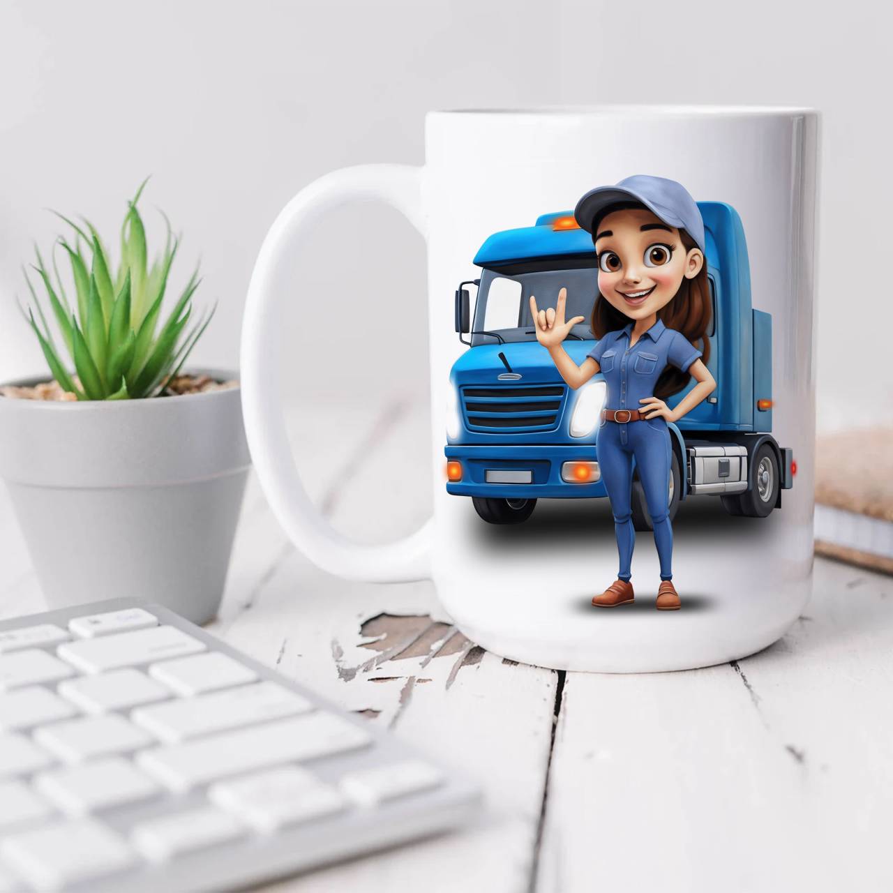 Dark Brown-Haired Female Trucker with ASL “I Love You” Sign, Blue Semi Truck Ceramic Mug - American Sign Language 'I Love You' Trucker Coffee Cup (11oz, 15oz) Dark Brown-Haired Female Trucker with ASL “I Love You” Sign, Blue Semi Truck Ceramic Mug - American Sign Language 'I Love You' Trucker Coffee Cup (11oz, 15oz)