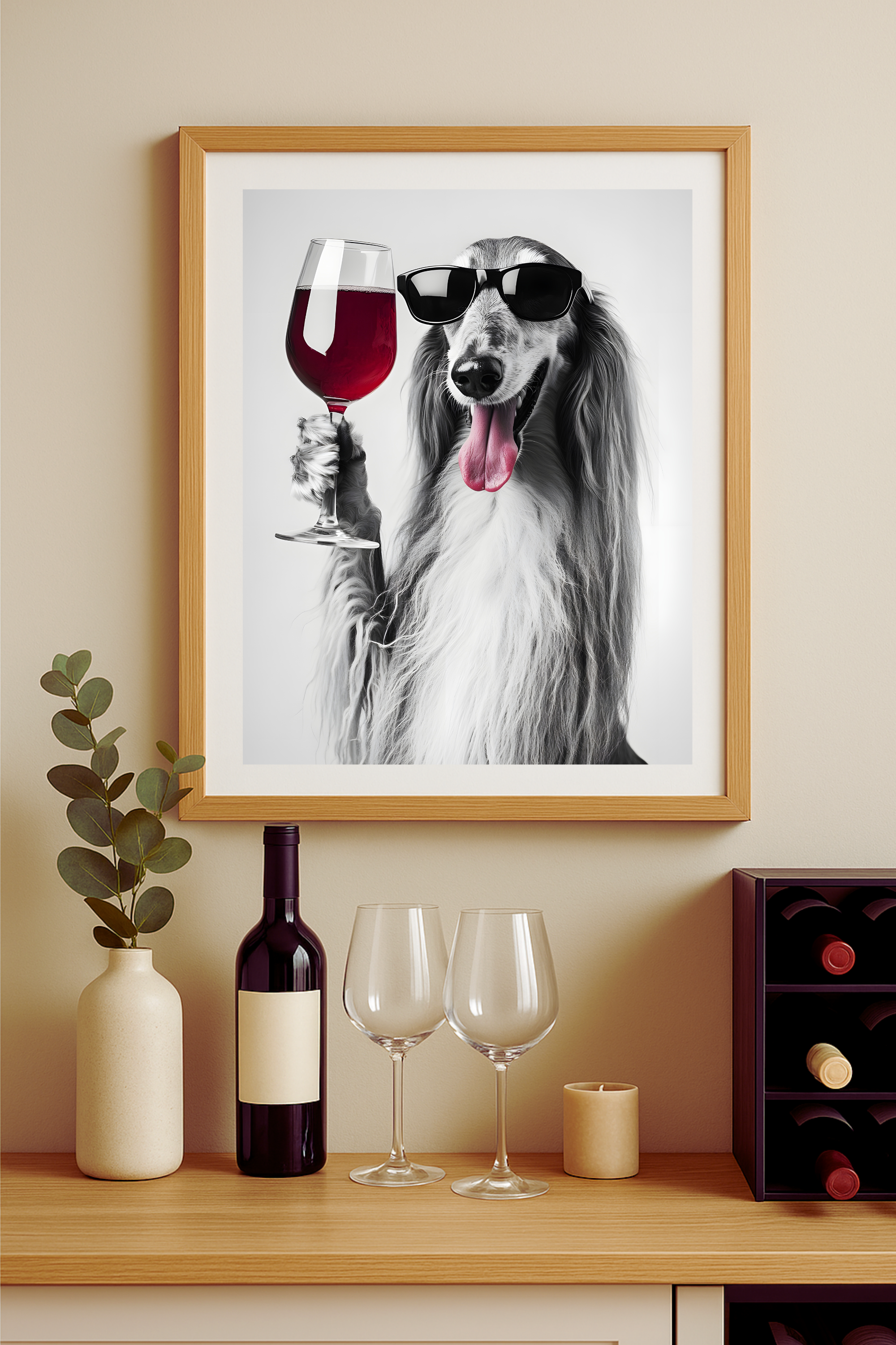 Afghan Hound Dog with Wine Poster — Funny Wall Art Print