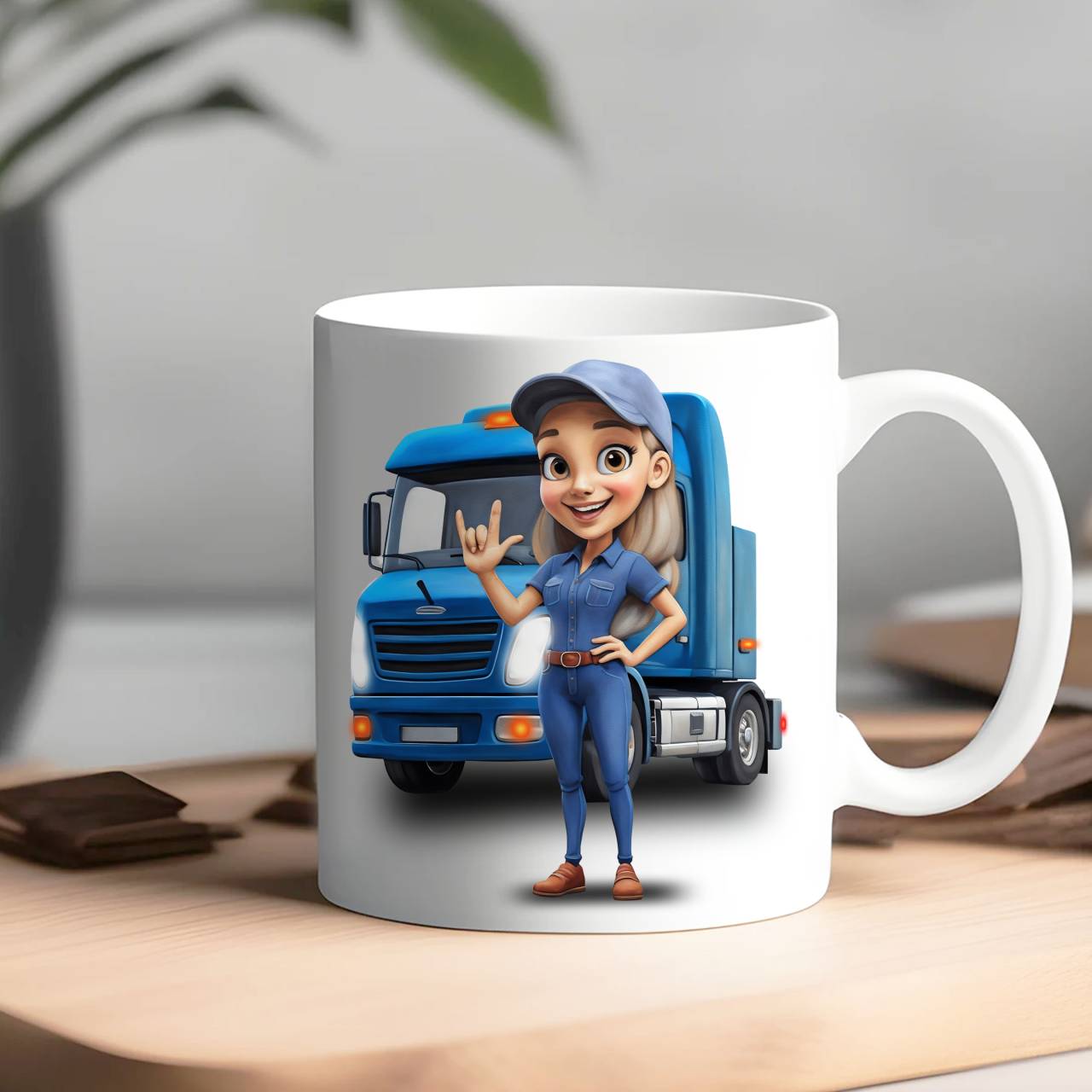 Grey-Haired Female Trucker with ASL “I Love You” Sign, Blue Semi Truck Ceramic Mug - American Sign Language 'I Love You' Trucker Coffee Cup (11oz, 15oz) Grey-Haired Female Trucker with ASL “I Love You” Sign, Blue Semi Truck Ceramic Mug - American Sign Language 'I Love You' Trucker Coffee Cup (11oz, 15oz)