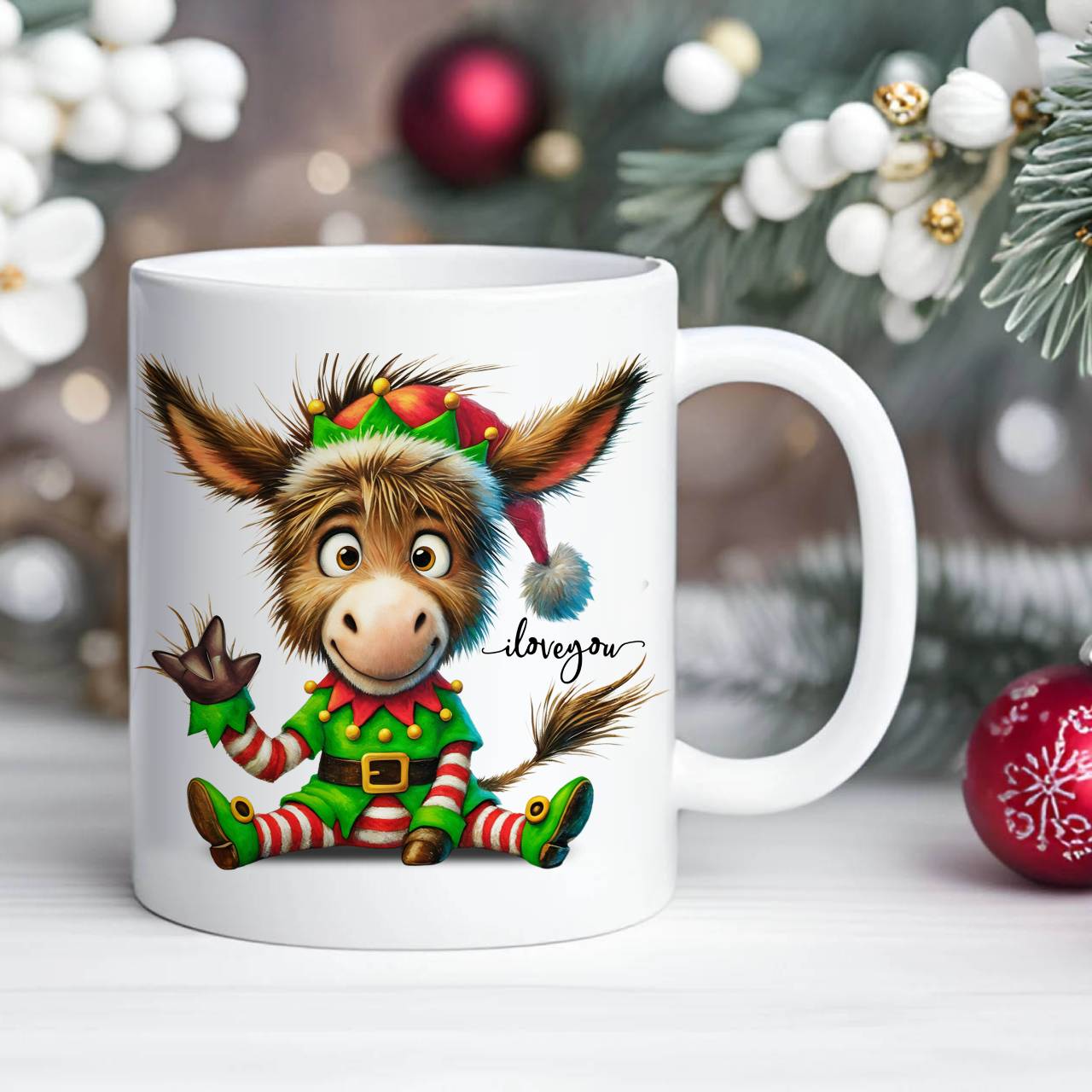 ASL ILY Christmas Donkey Ceramic Mug - American Sign Language Cute Holiday Donkey Coffee Cup (11oz &amp; 15oz) product thumbnail image
