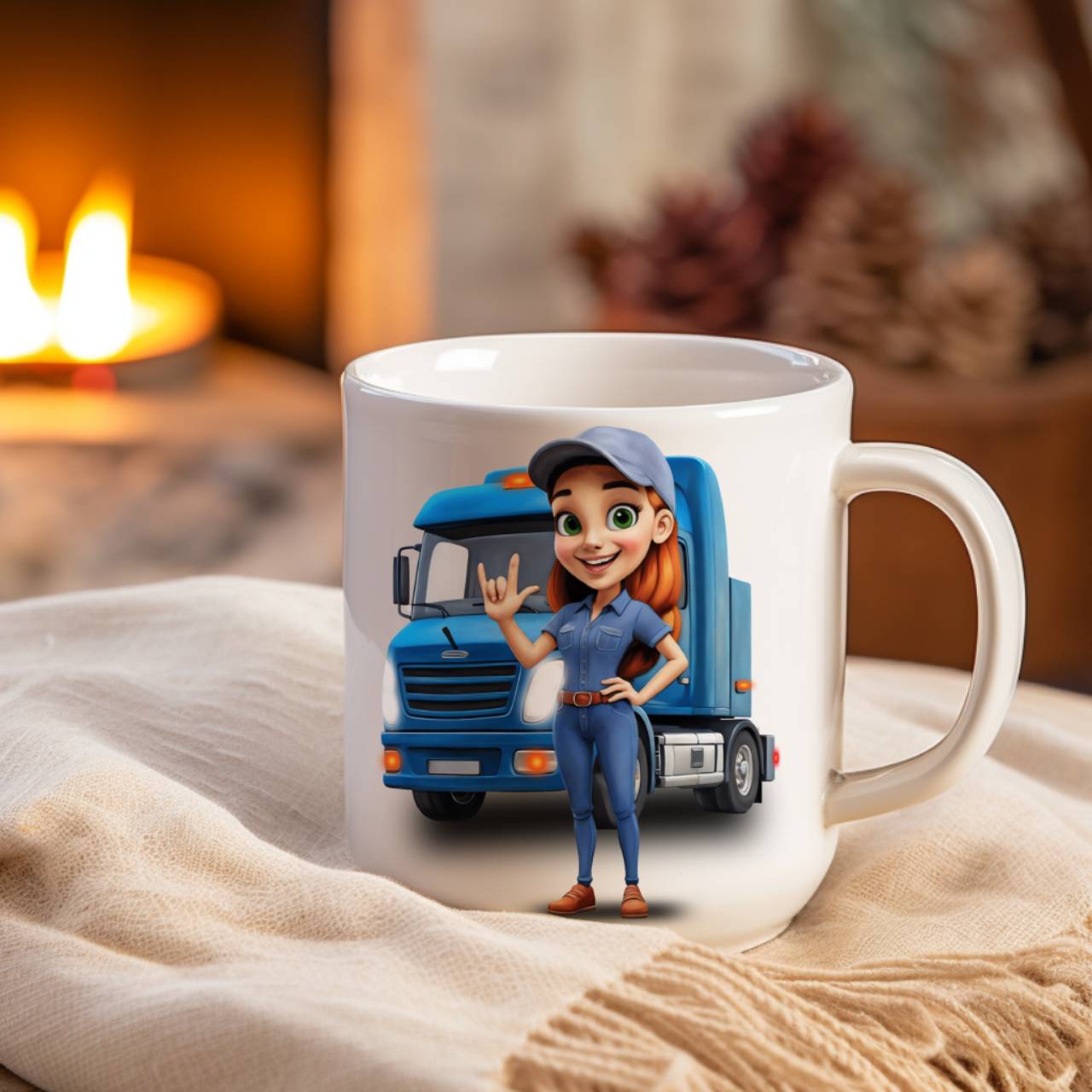 Red-Haired Female Trucker with ASL “I Love You” Sign, Blue Semi Truck Ceramic Mug - American Sign Language 'I Love You' Trucker Coffee Cup (11oz, 15oz) product thumbnail image