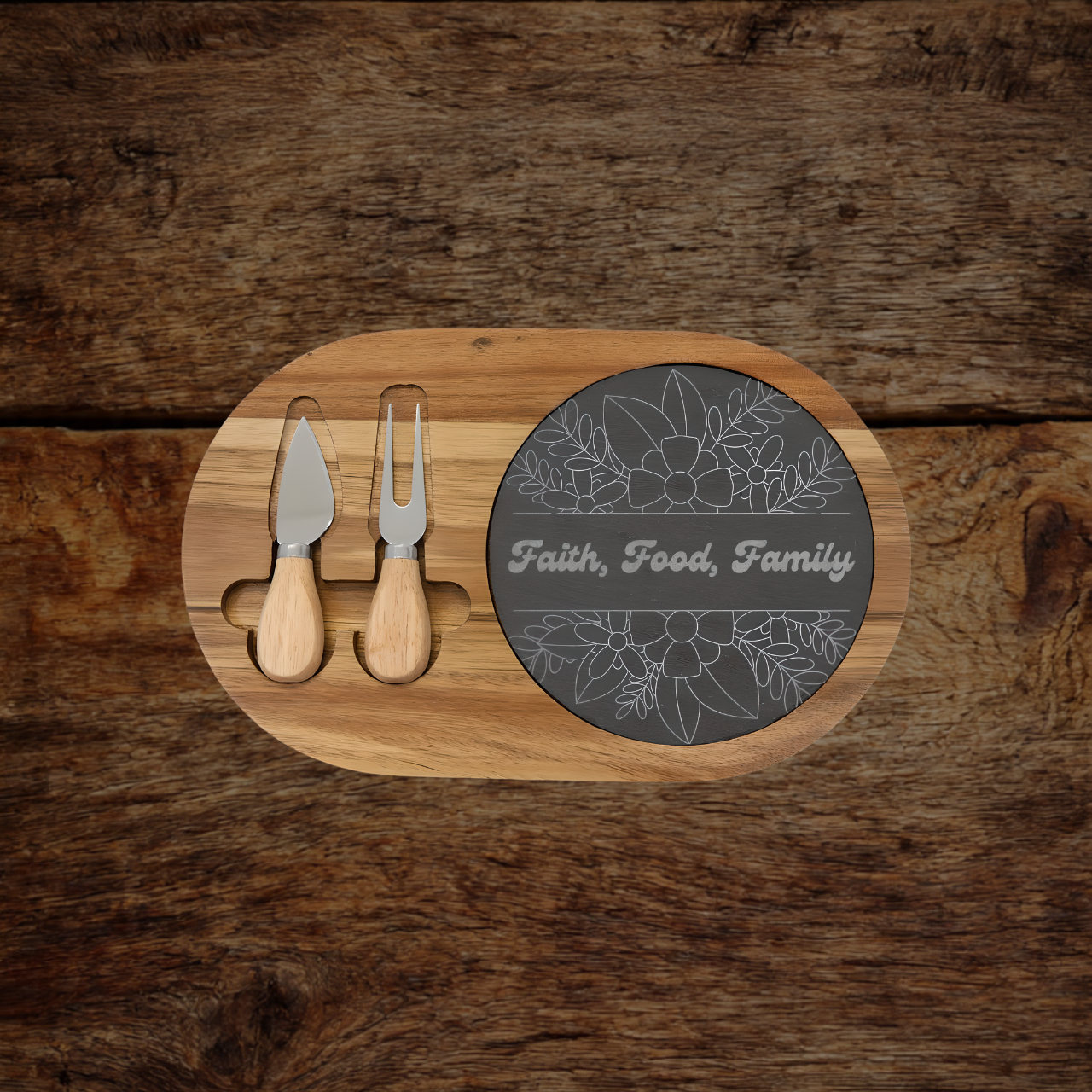 Faith Food Family Engraved Acacia Charcuterie Board with Slate & Knives | Christian Gift Kitchen Decor product thumbnail image Faith Food Family Engraved Acacia Charcuterie Board with Slate & Knives | Christian Gift Kitchen Decor product thumbnail image