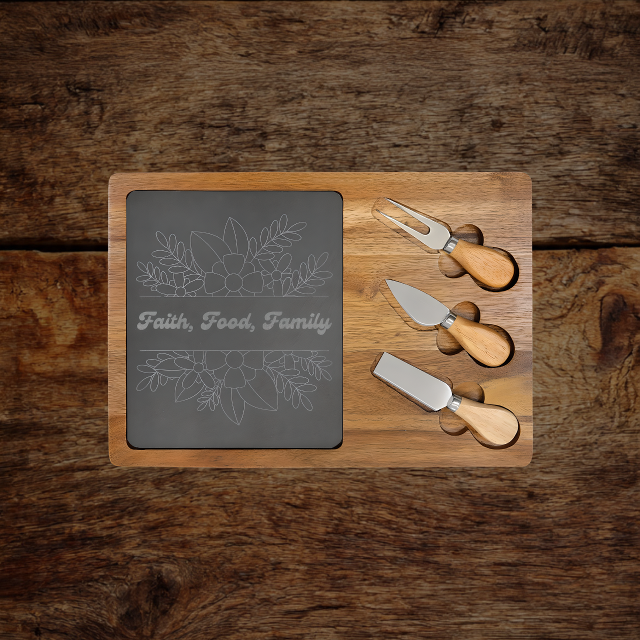 Faith Food Family Engraved Acacia Charcuterie Board with Slate & Knives | Christian Gift Kitchen Decor product thumbnail image Faith Food Family Engraved Acacia Charcuterie Board with Slate & Knives | Christian Gift Kitchen Decor product thumbnail image