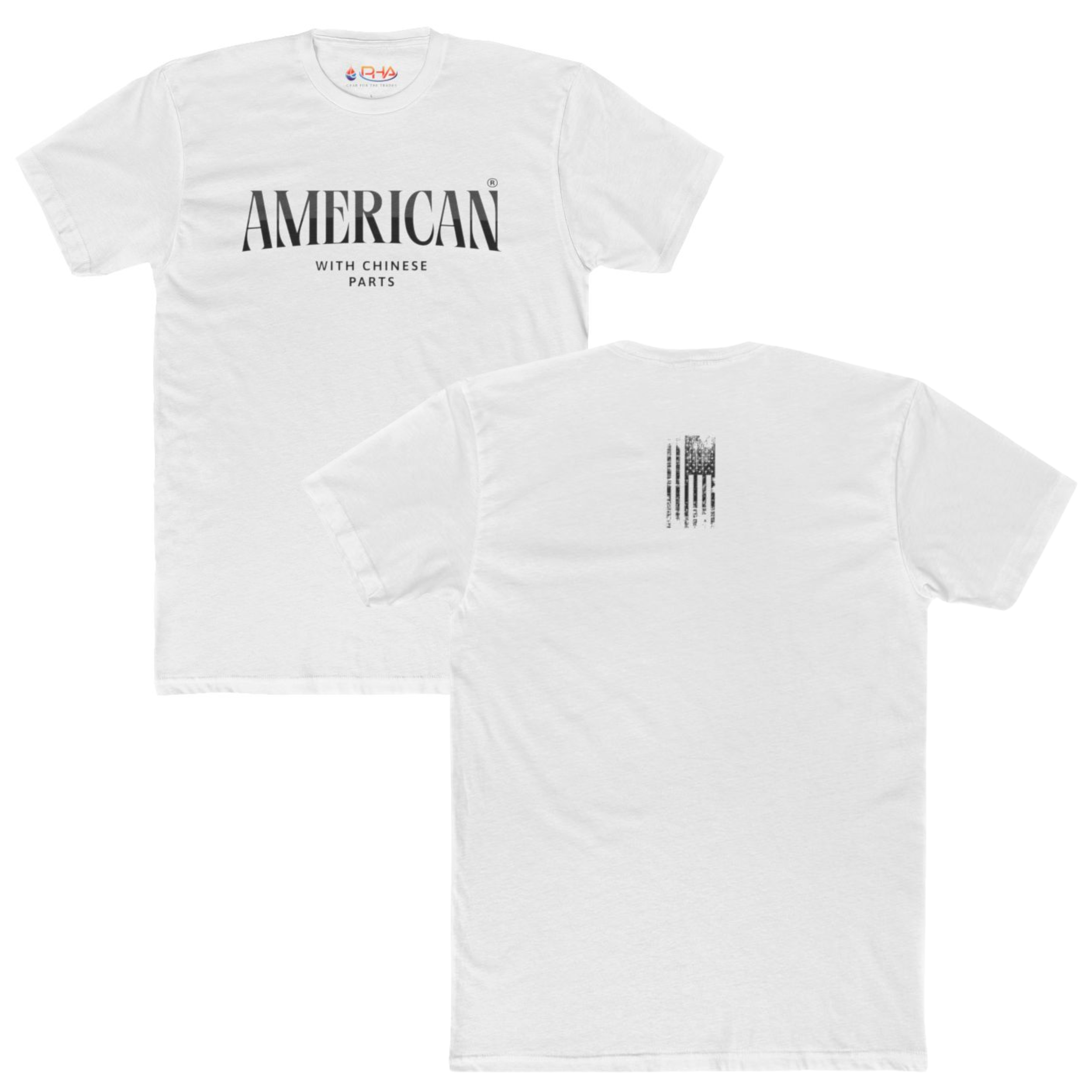 American with Chinese Parts Graphic Tee | Distressed Flag Text Back Workwear T-shirt American with Chinese Parts Graphic Tee | Distressed Flag Text Back Workwear T-shirt