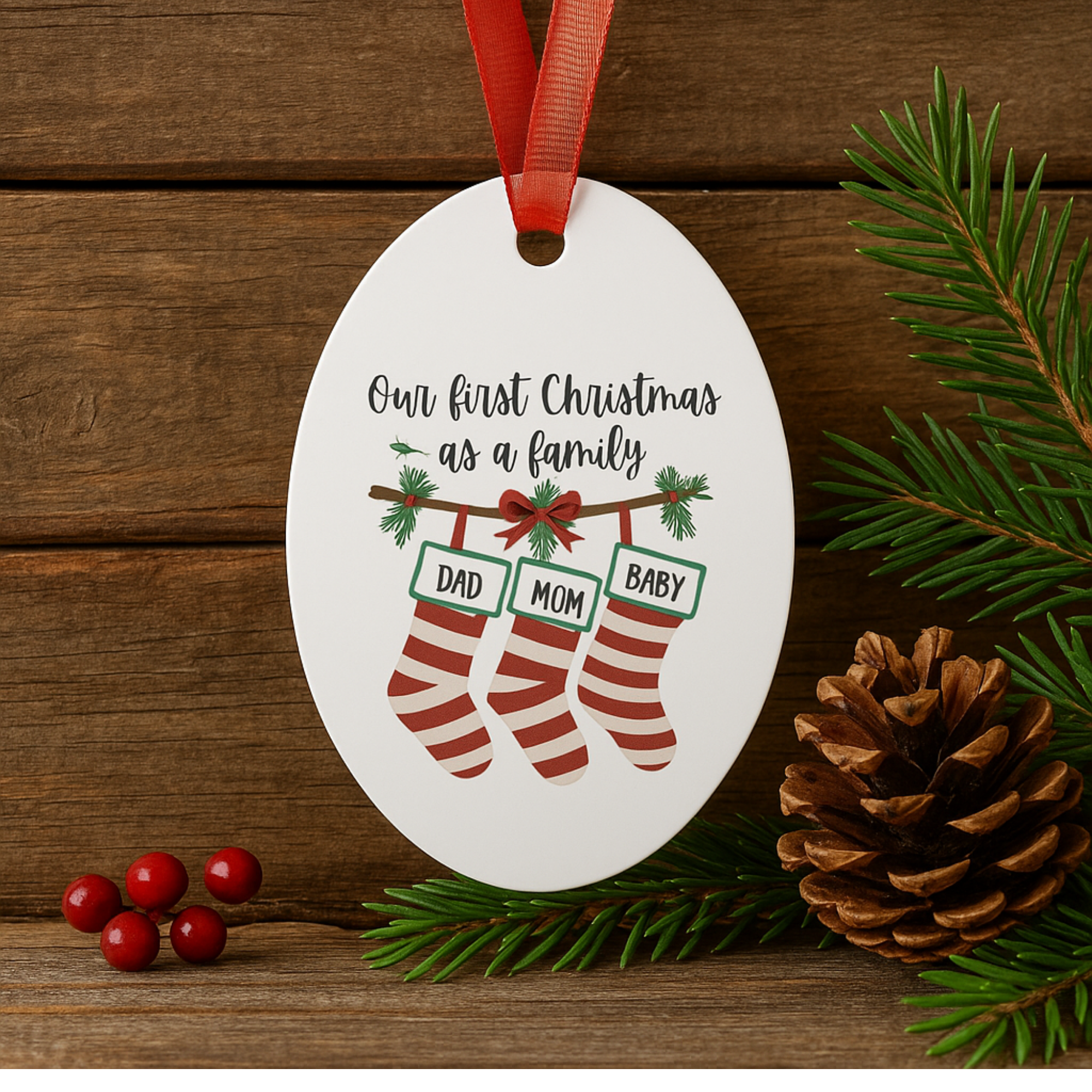 First Christmas as a Family Ornament • Personalized Baby’s First Christmas • Custom Stockings Ornament • 3 Shapes Available • Holiday Gift Keepsake product thumbnail image