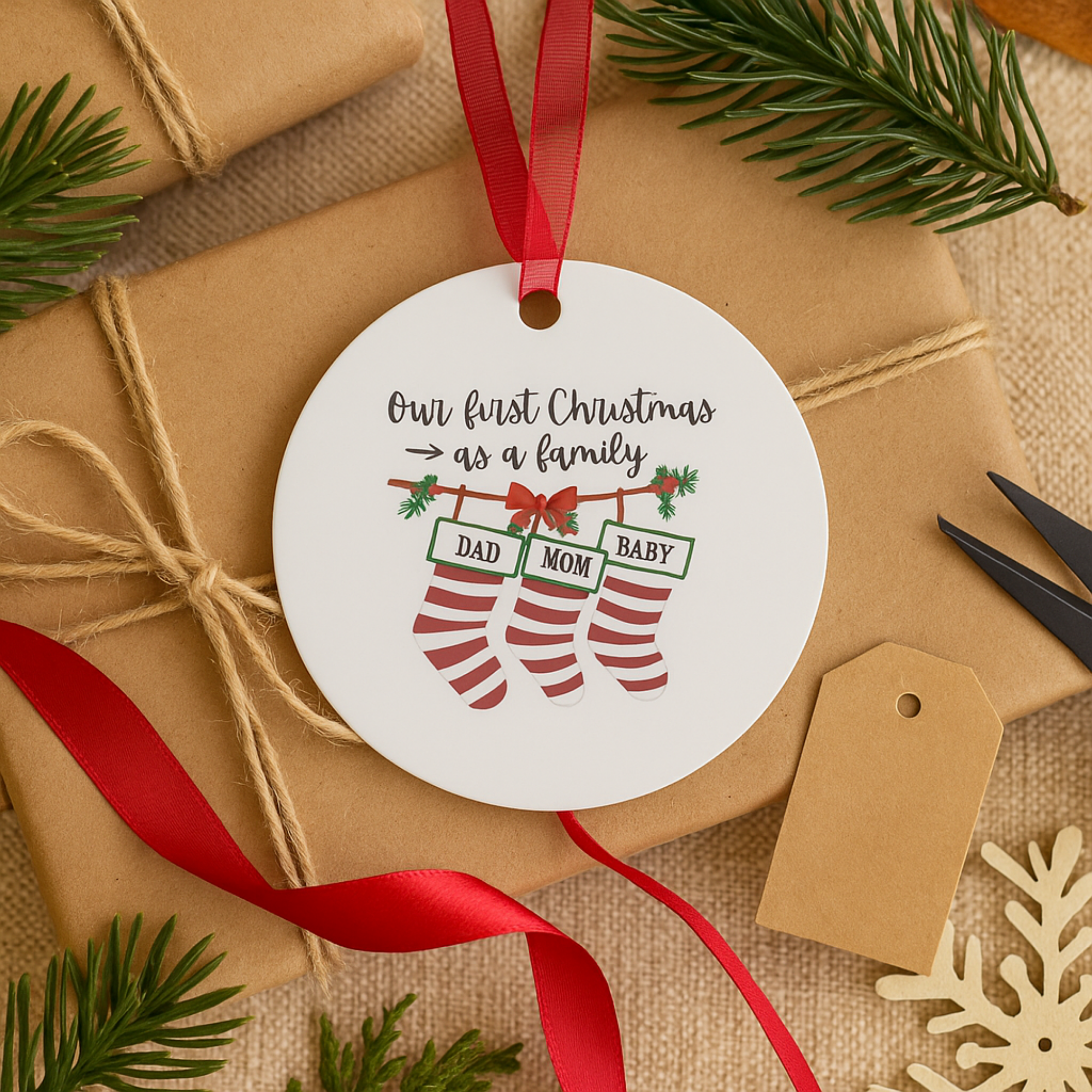 First Christmas as a Family Ornament • Personalized Baby’s First Christmas • Custom Stockings Ornament • 3 Shapes Available • Holiday Gift Keepsake product thumbnail image