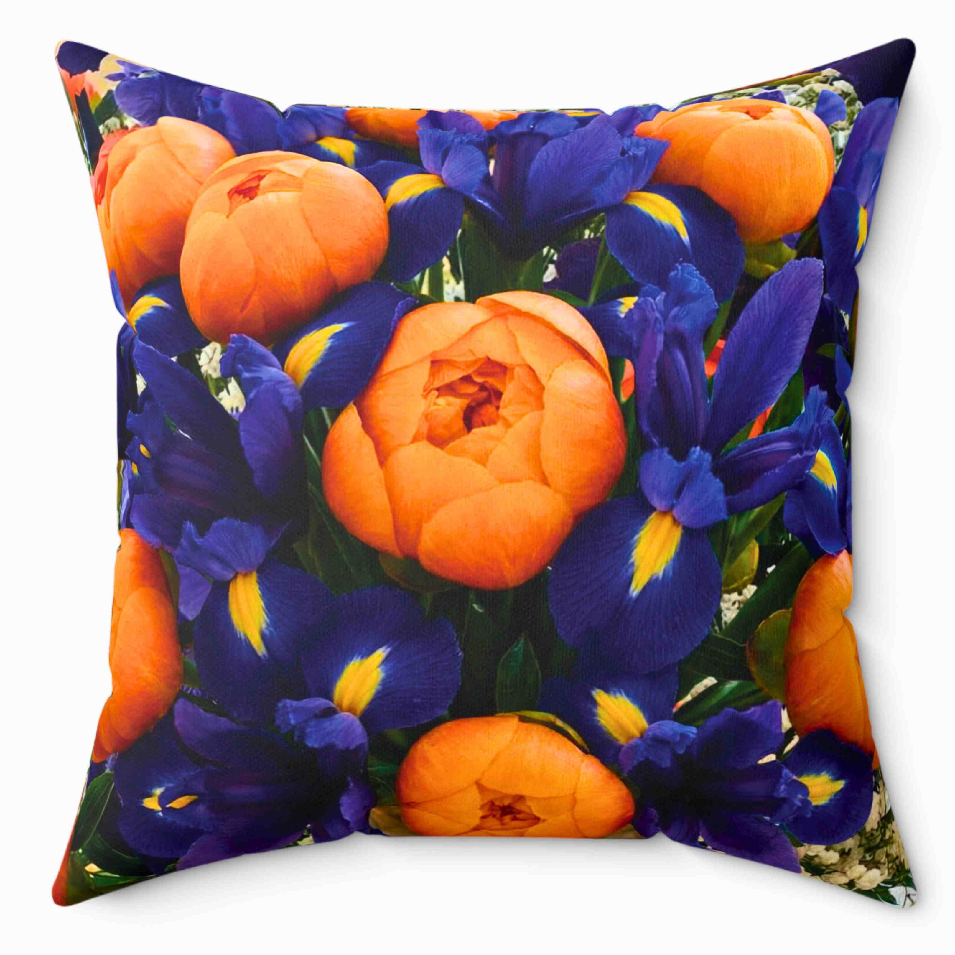 Orange Peonies and Blue Iris Pillow | Square Cushion product thumbnail image Orange Peonies and Blue Iris Pillow | Square Cushion product thumbnail image