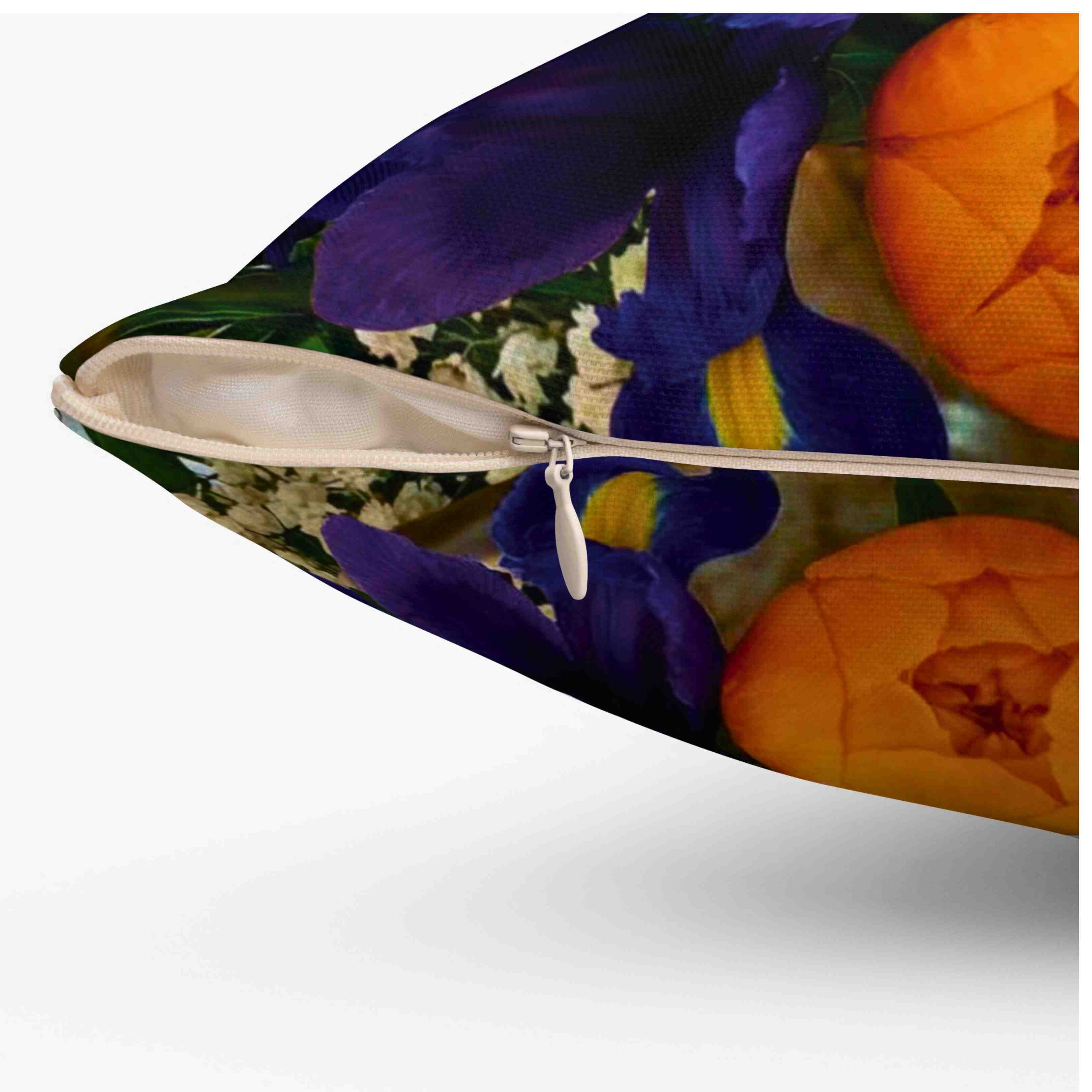 Orange Peonies and Blue Iris Pillow | Square Cushion product thumbnail image Orange Peonies and Blue Iris Pillow | Square Cushion product thumbnail image