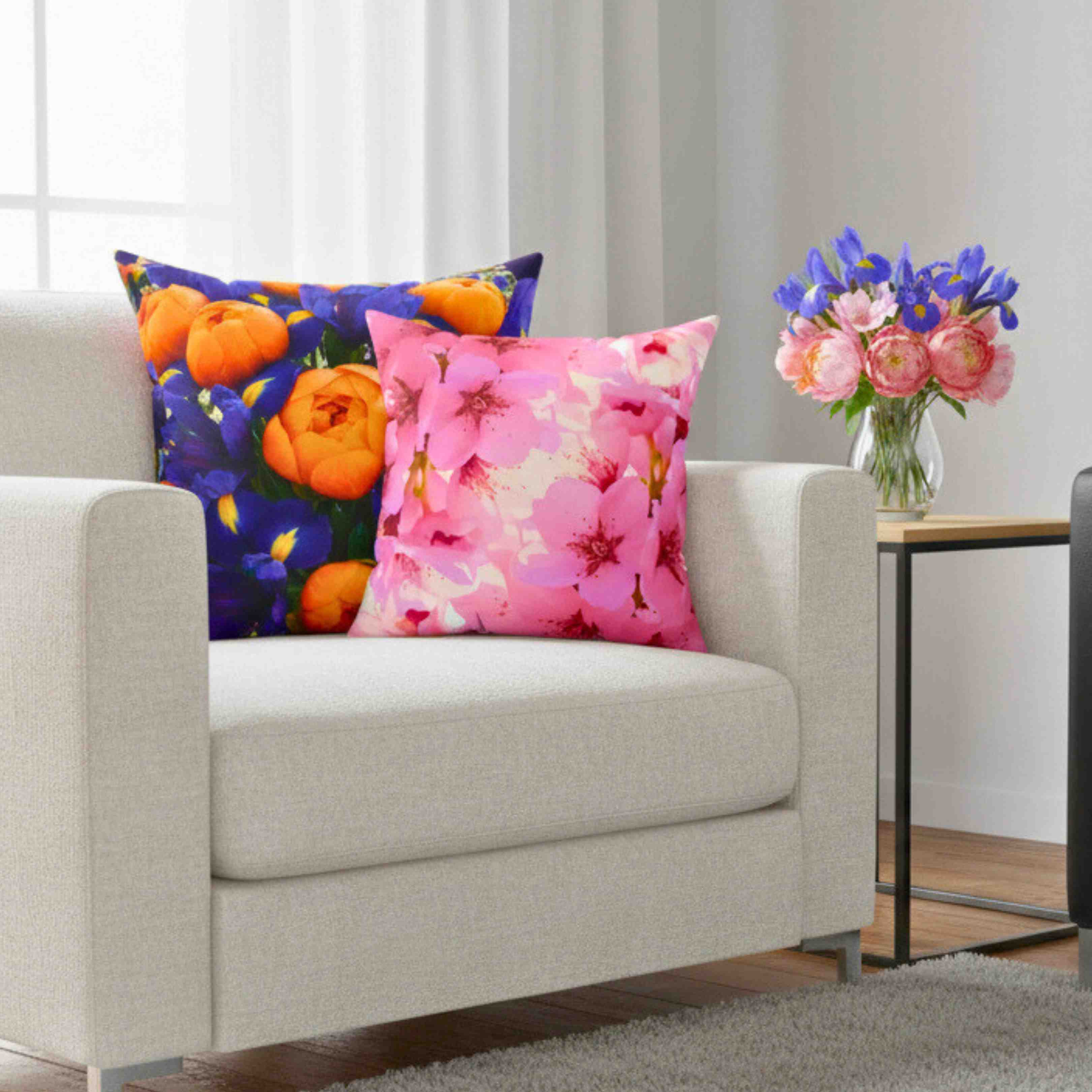 Orange Peonies and Blue Iris Pillow | Square Cushion product thumbnail image