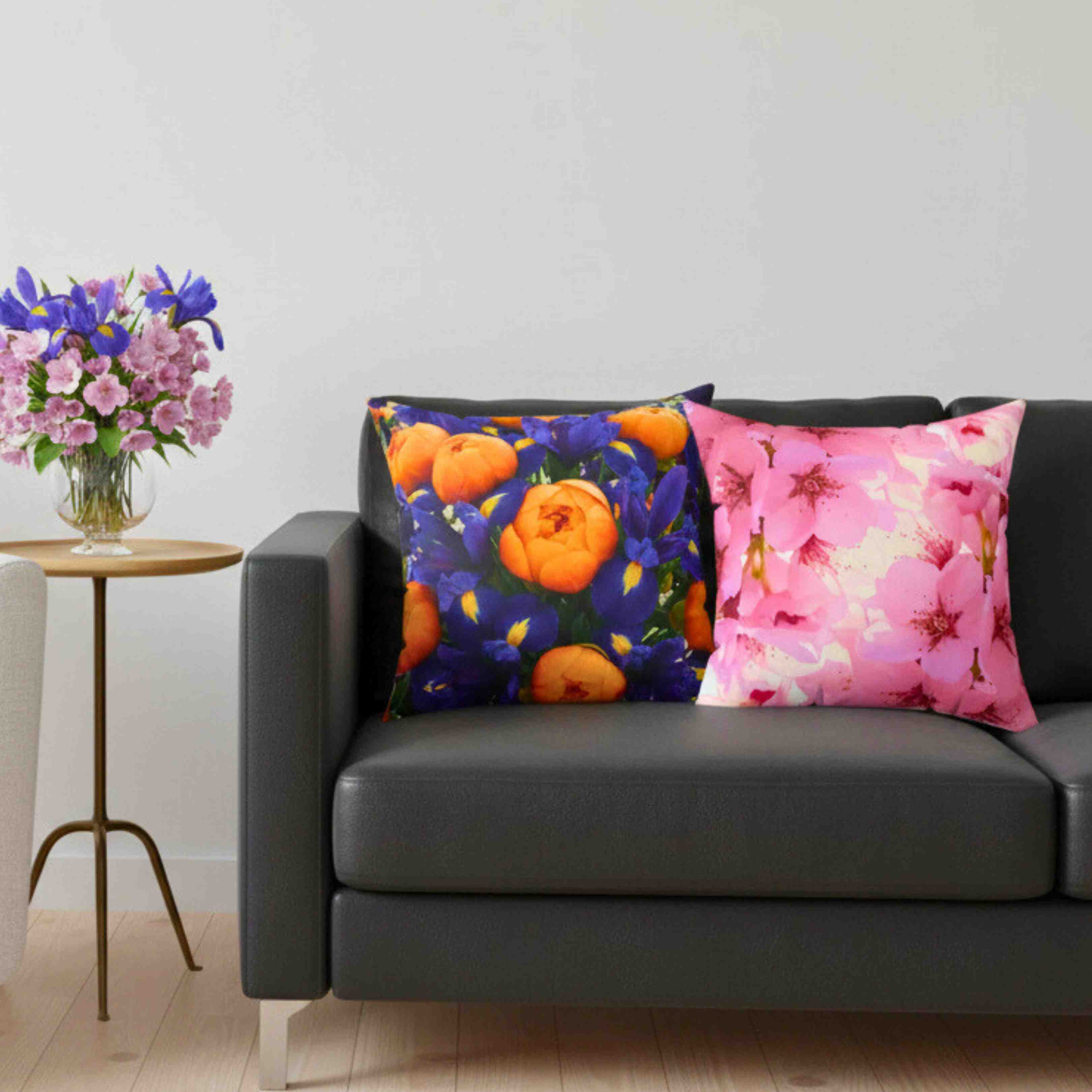 Orange Peonies and Blue Iris Pillow | Square Cushion product thumbnail image Orange Peonies and Blue Iris Pillow | Square Cushion product thumbnail image