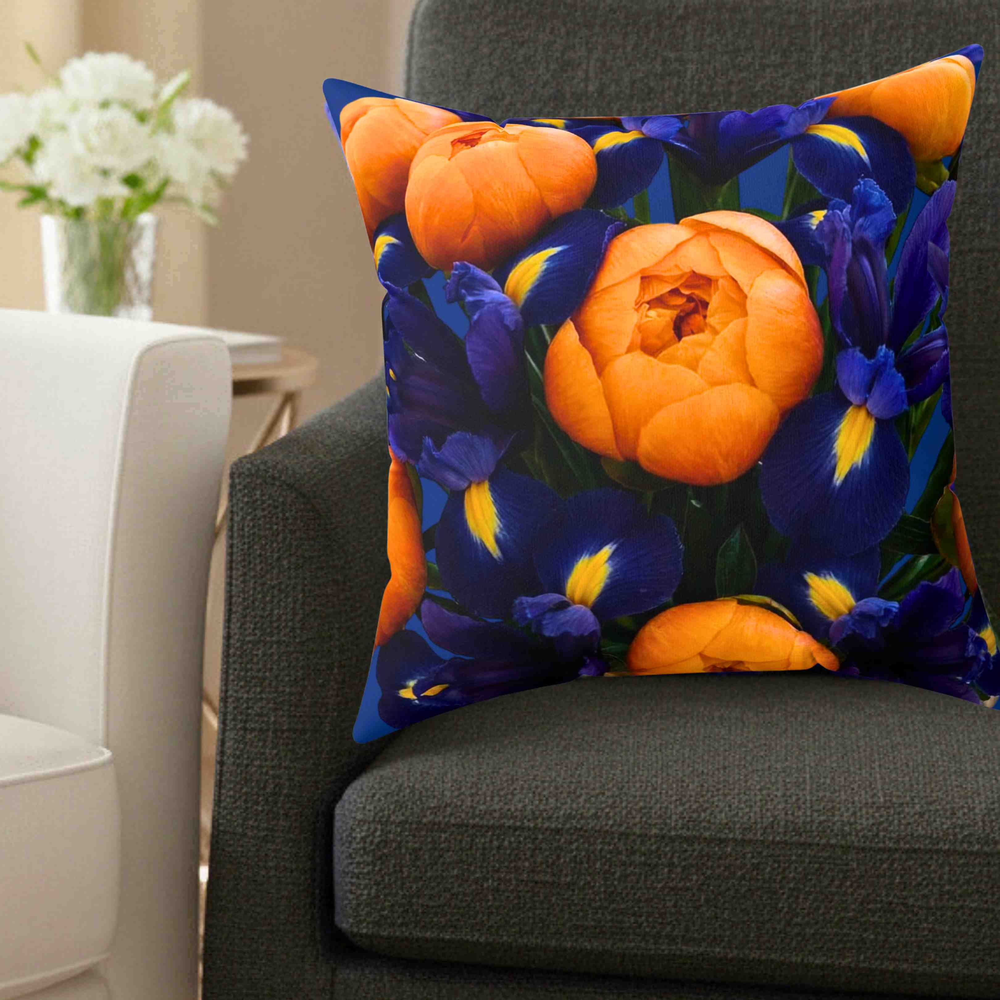 Orange Peonies and Blue Iris Pillow | Square Cushion product thumbnail image