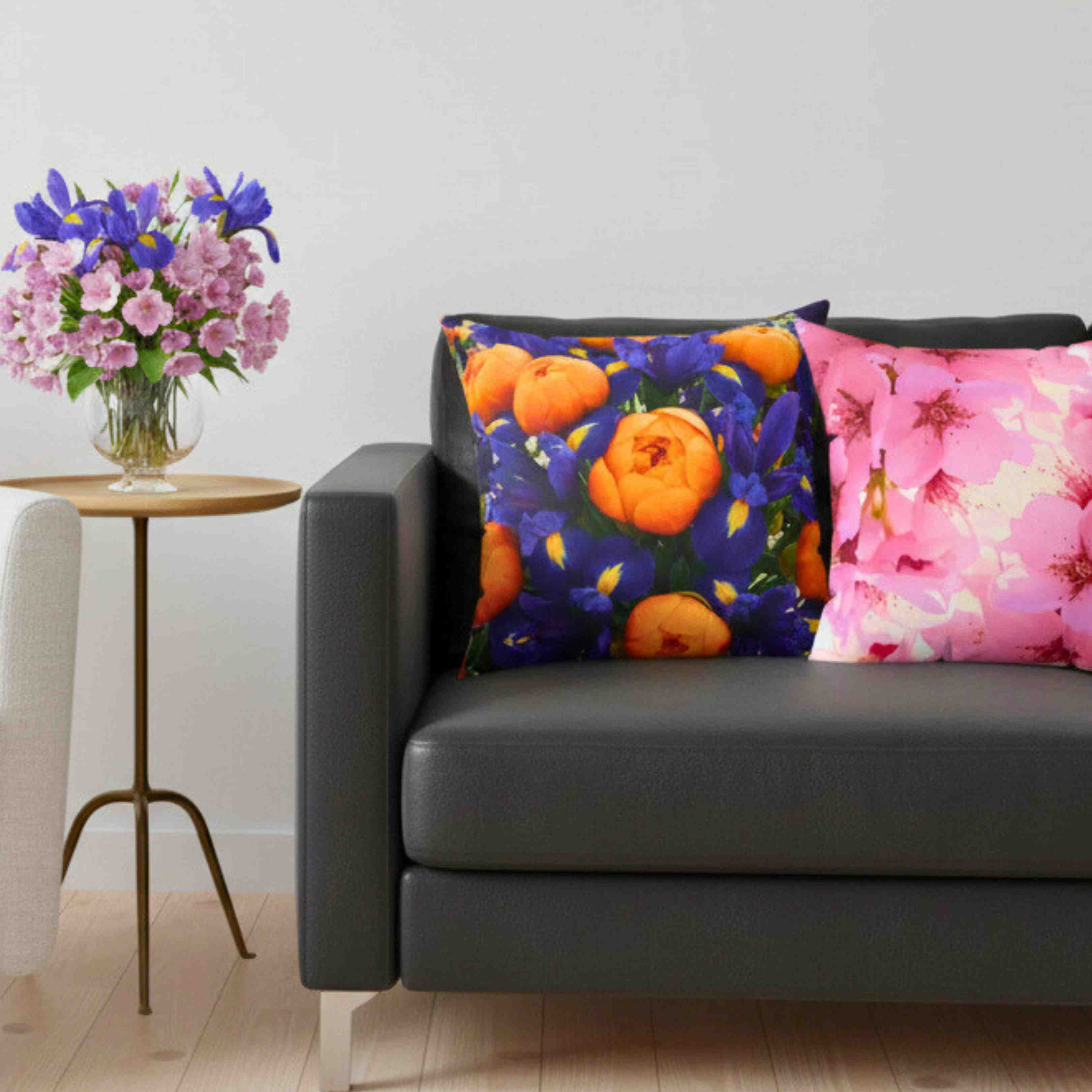 Orange Peonies and Blue Iris Pillow | Square Cushion product thumbnail image Orange Peonies and Blue Iris Pillow | Square Cushion product thumbnail image