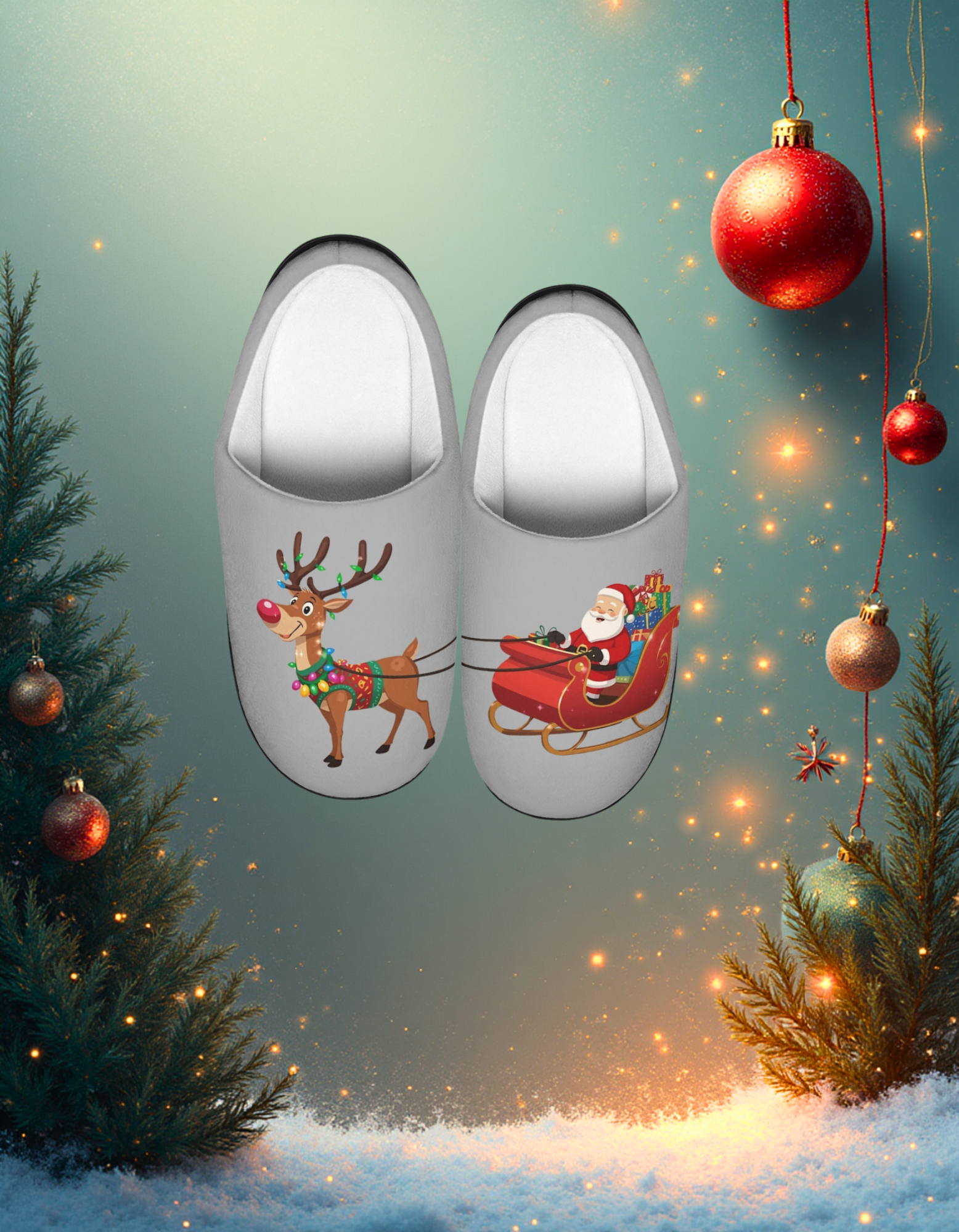 Vintage Christmas Reindeer &amp; Santa Indoor Slippers