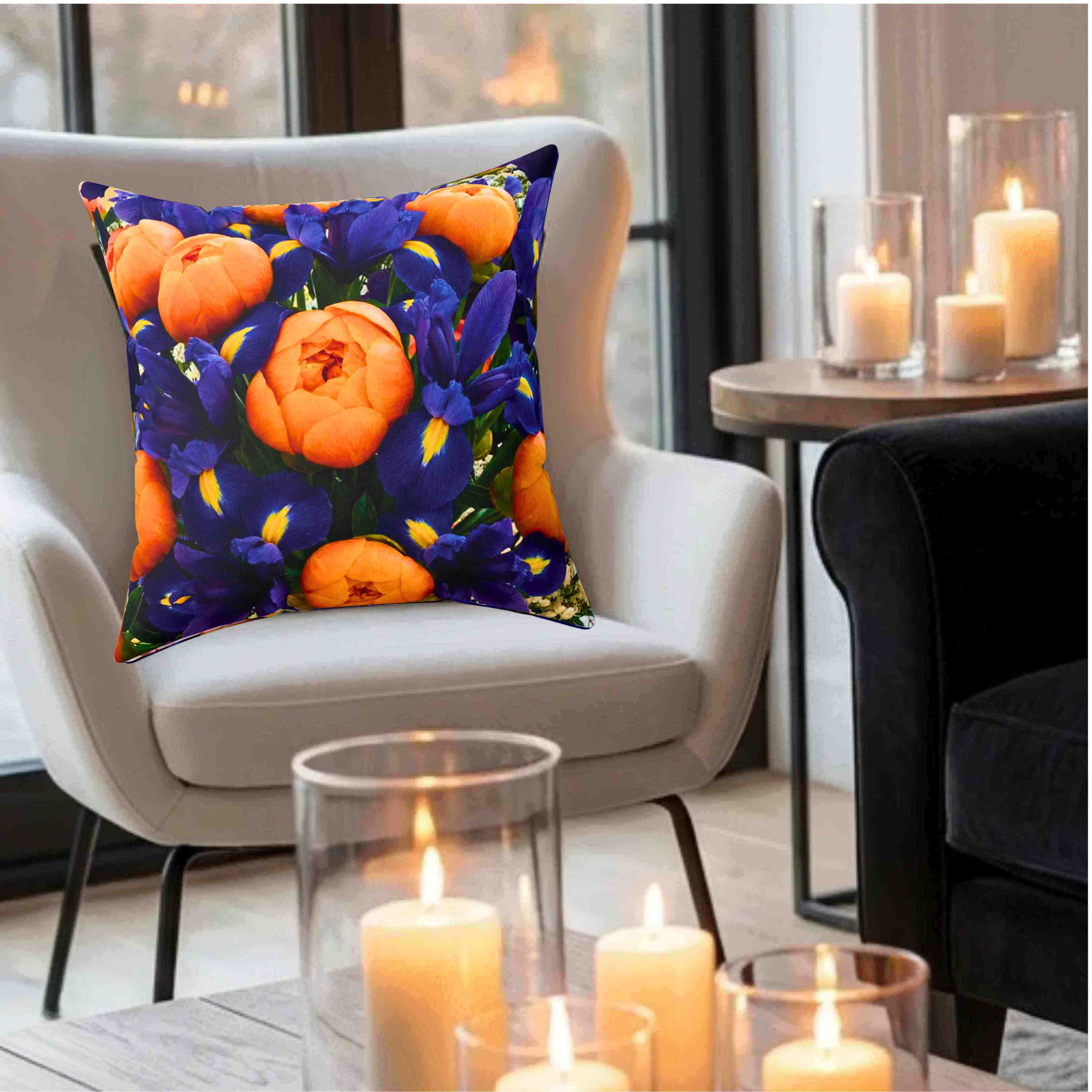 Orange Peonies and Blue Iris Pillow | Square Cushion product thumbnail image Orange Peonies and Blue Iris Pillow | Square Cushion product thumbnail image
