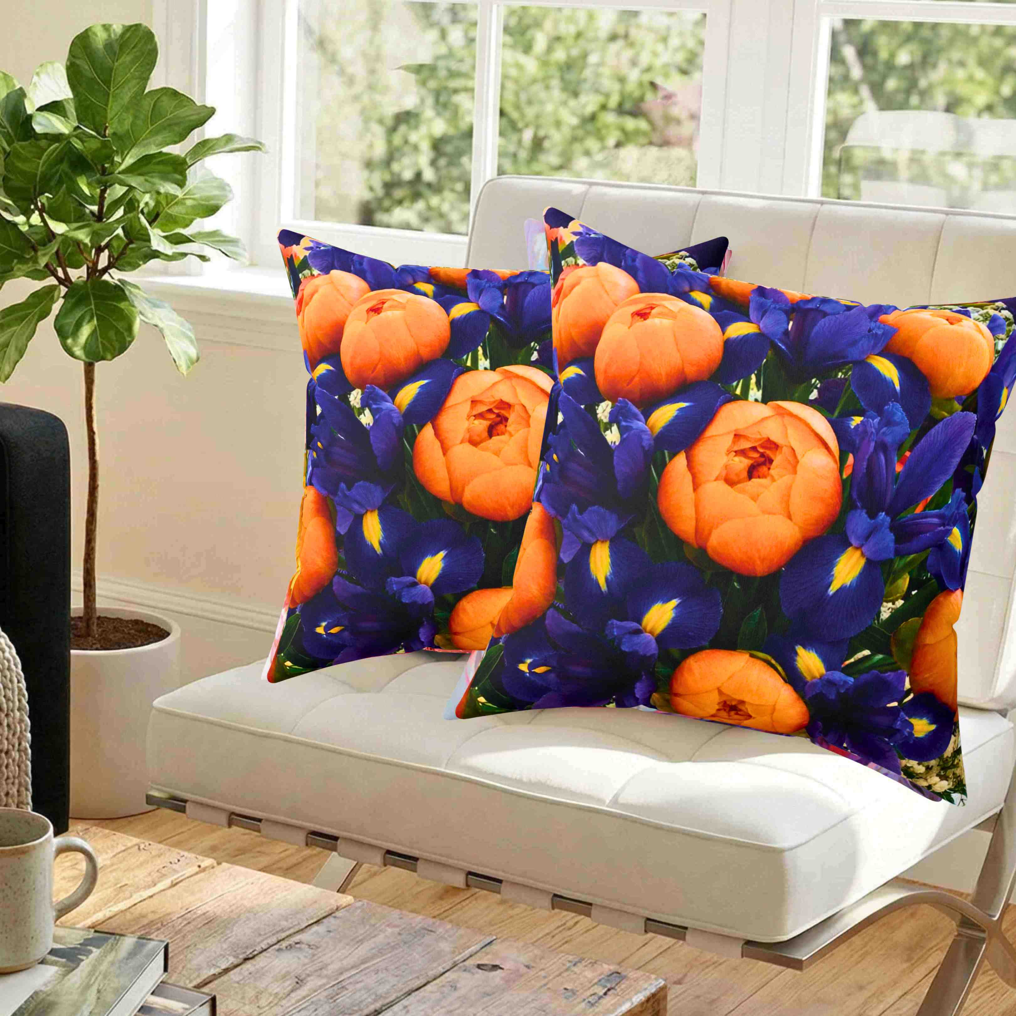 Orange Peonies and Blue Iris Pillow | Square Cushion product thumbnail image Orange Peonies and Blue Iris Pillow | Square Cushion product thumbnail image