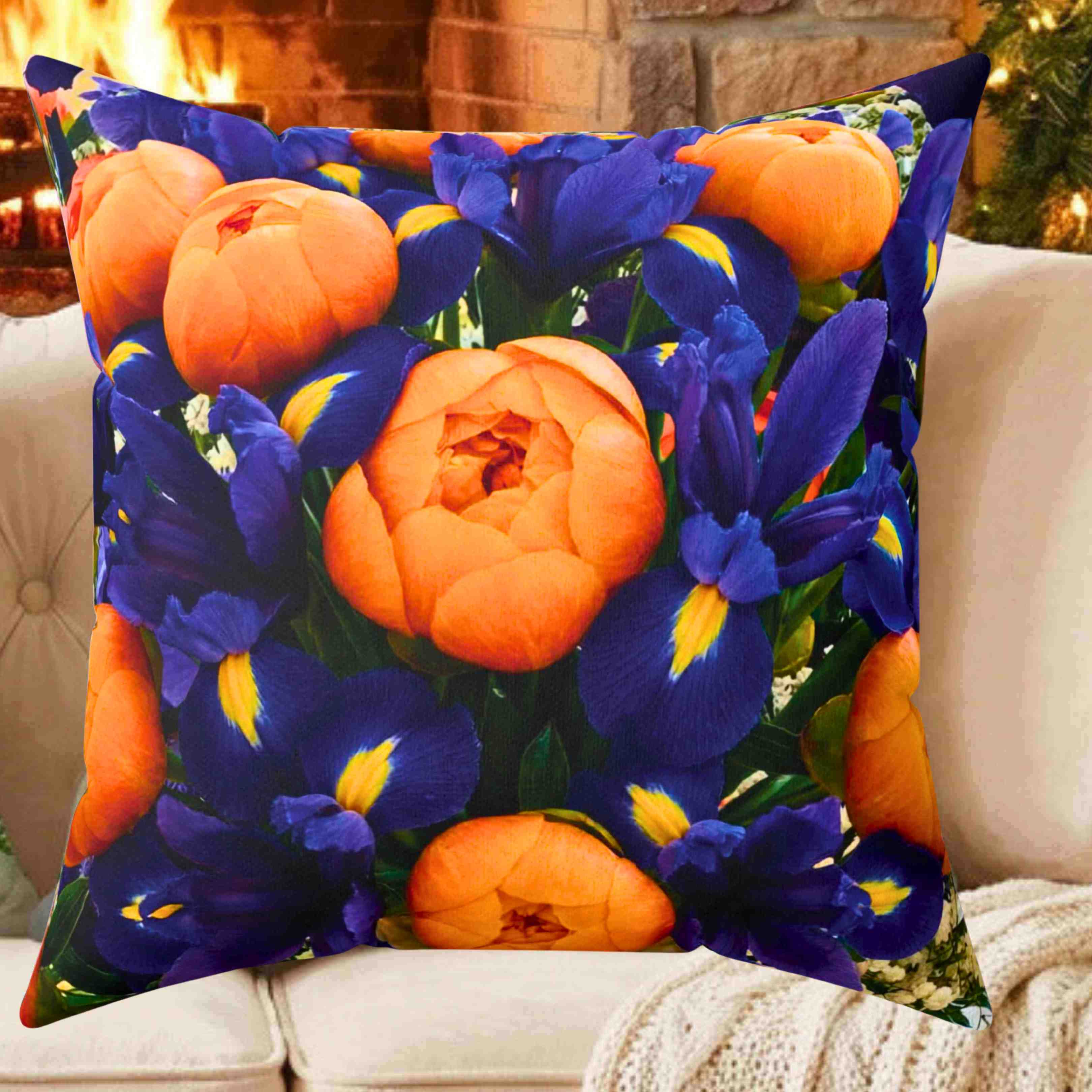 Orange Peonies and Blue Iris Pillow | Square Cushion product thumbnail image Orange Peonies and Blue Iris Pillow | Square Cushion product thumbnail image